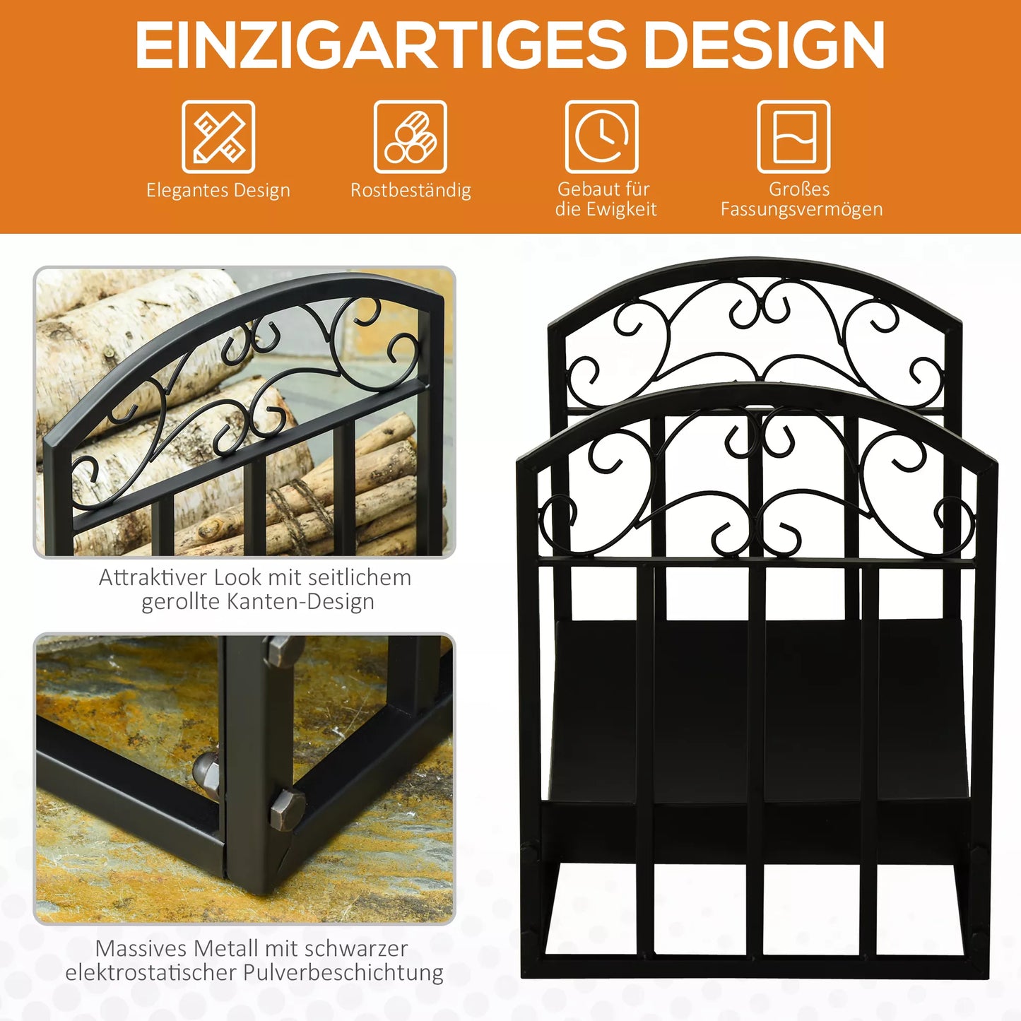 Laikiklis malkoms prie židinio, 60 kg keliamoji galia, metalinis, juodas, 60,5 x 36 x 46,5 cm