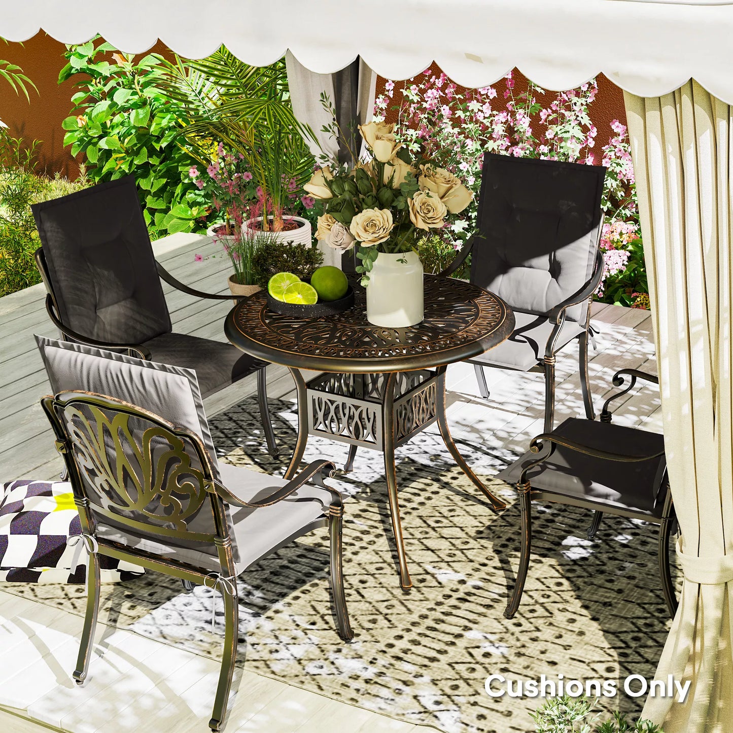 4 vnt. komplektas sėdimųjų pagalvėlių 108 x 50 x 5 cm, pagalvėlės kėdėms su raišteliais, lauko ir vidaus, tamsiai pilkos