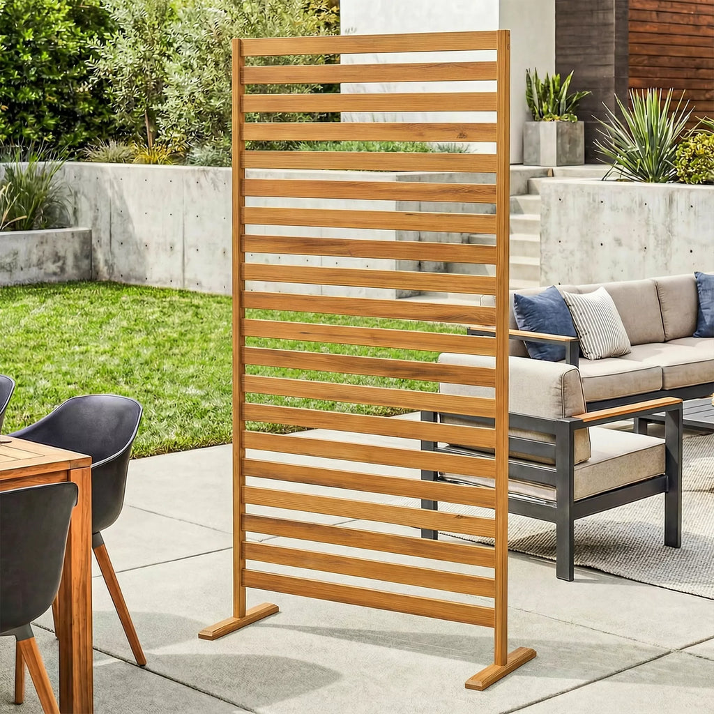 Medinė privatumo užsklanda 80 x 170 cm, kambario pertvara su pagrindu, lamelių tipo, laisvai stovinti kambario pertvara, ruda