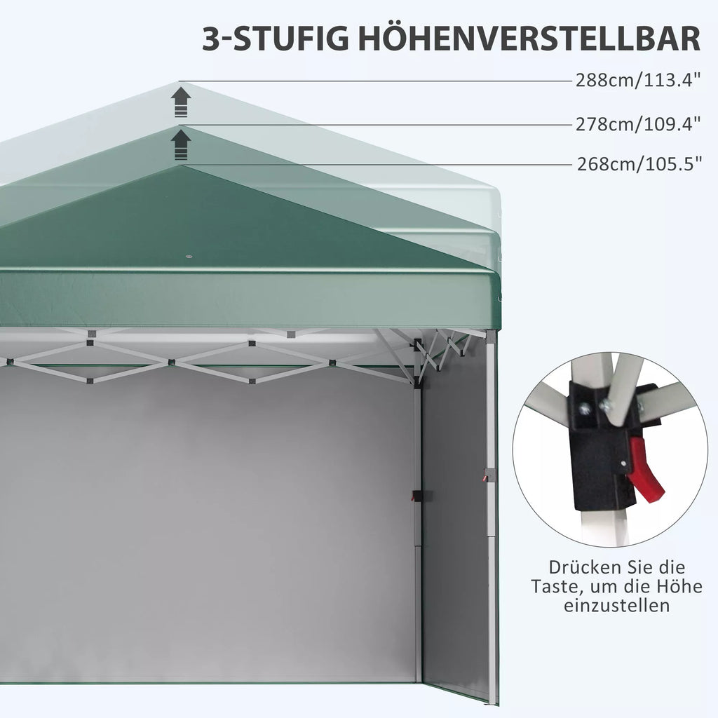 Suldamasis paviljonas, 2 šoninės sienelės, reguliuojamas aukštis, su transportavimo krepšiu, nerūdijančio plieno rėmas, 3 x 3 m, žalias