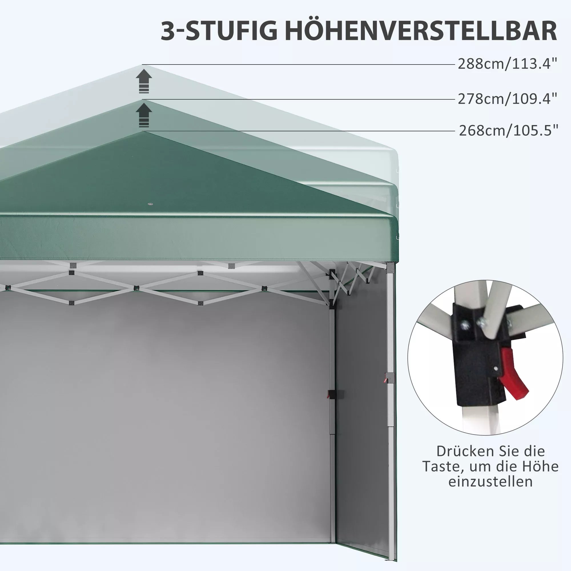 Suldamasis paviljonas, 2 šoninės sienelės, reguliuojamas aukštis, su transportavimo krepšiu, nerūdijančio plieno rėmas, 3 x 3 m, žalias