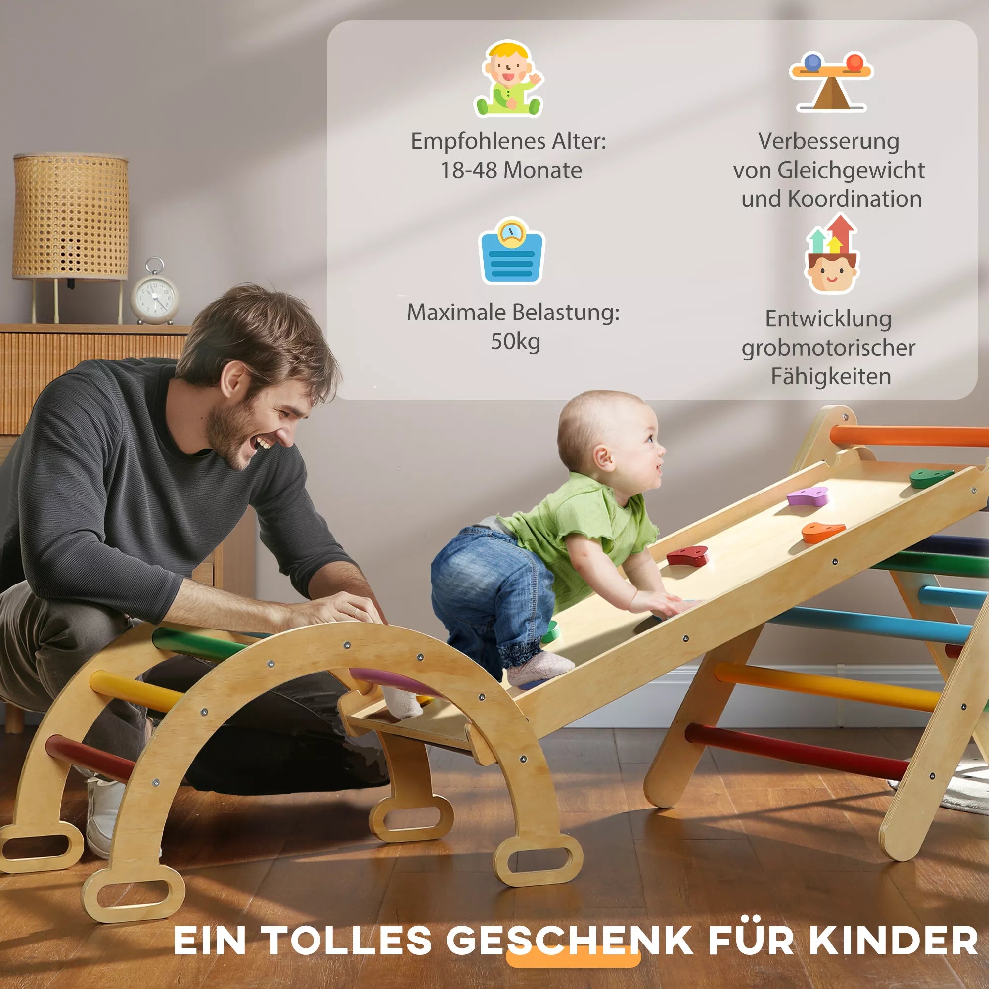 5-in-1 vaikų laipiojimo konstrukcija su rampa, tiltu, trikampėmis kopėčiomis, 18–48 mėnesių, spalvota,