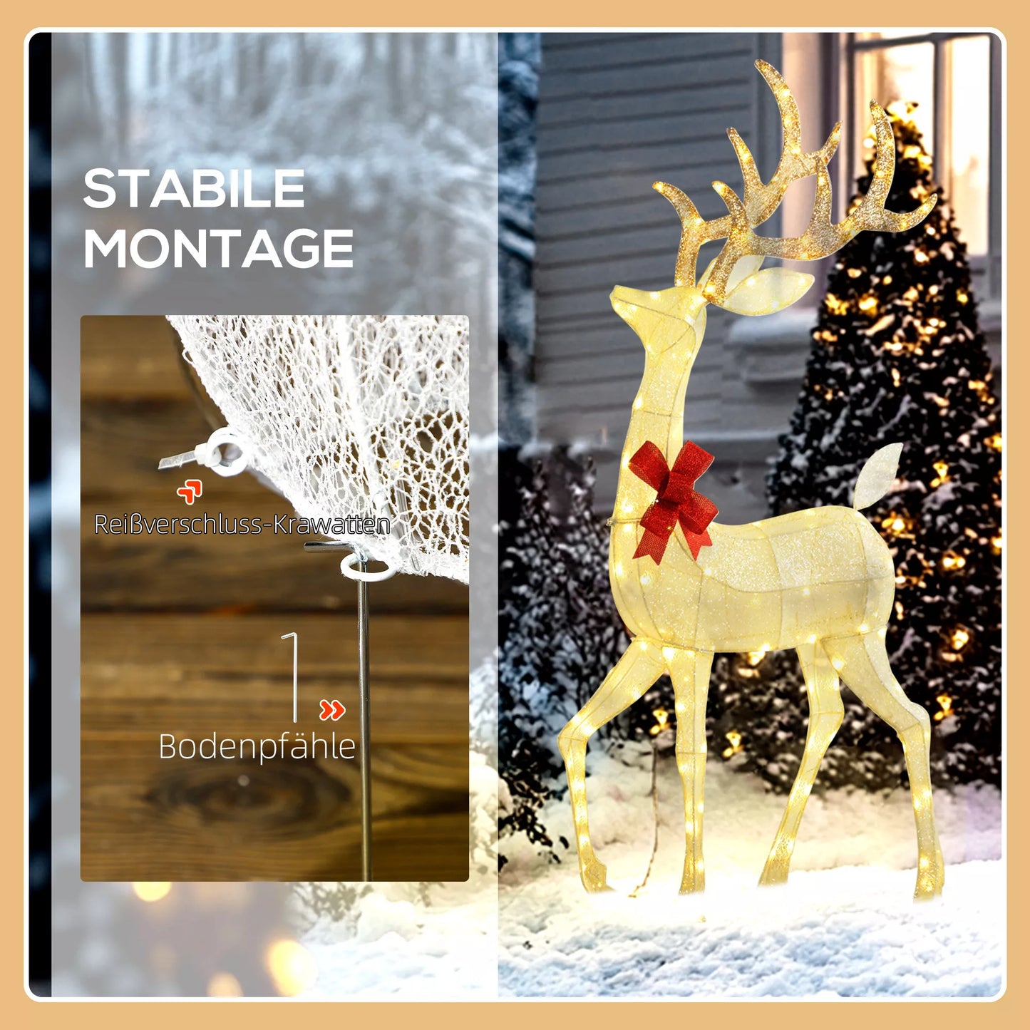 Kalėdinių elnių šeima su raudonais kaspinėliais, 283 LED lemputės, Kalėdinė puošmena, atsparus oro sąlygoms, sidabrinis