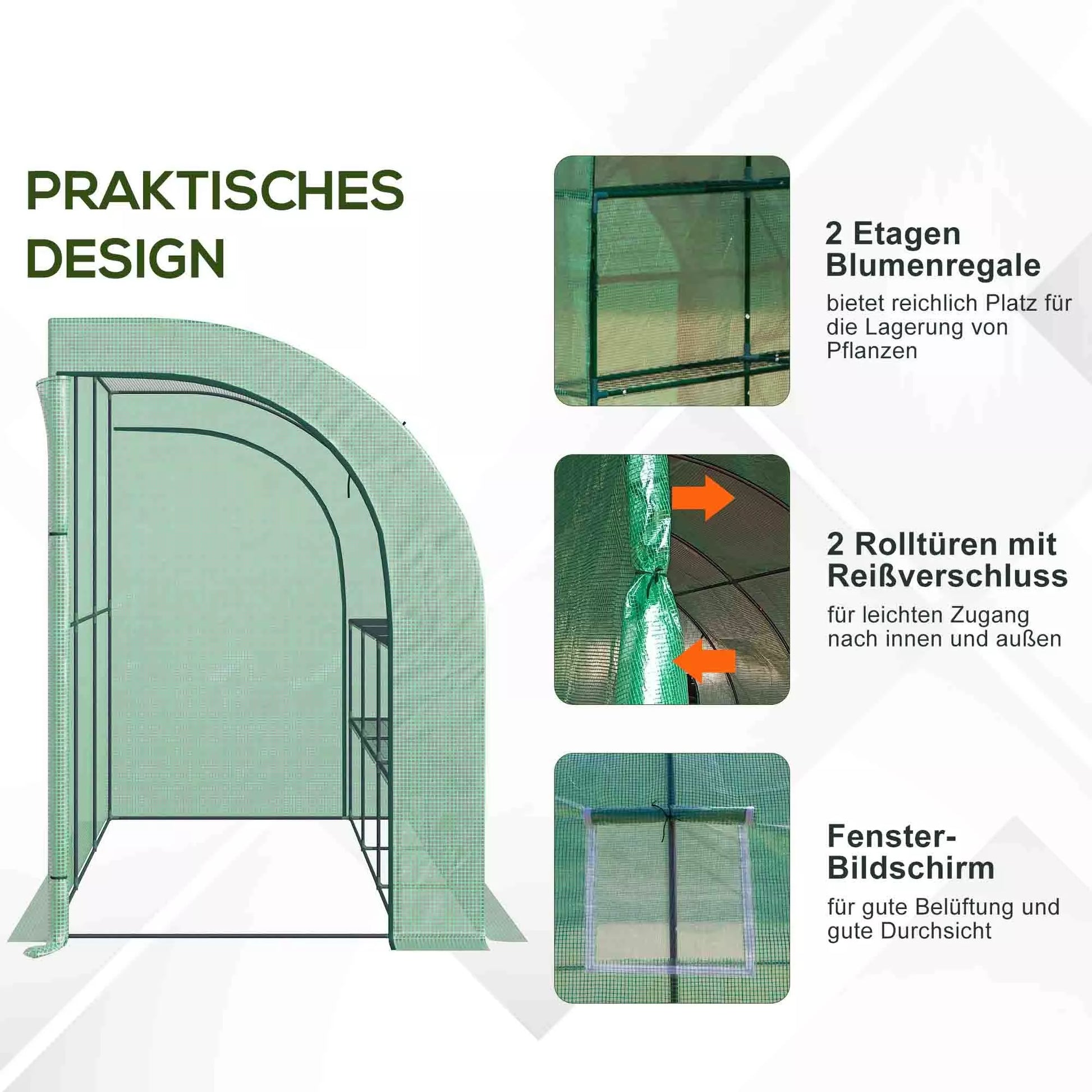 Šiltnamis, sodo šiltnamis su plastiko danga, atsparus UV spinduliams, 3 aukštai, užtrauktukinės durys, žalias