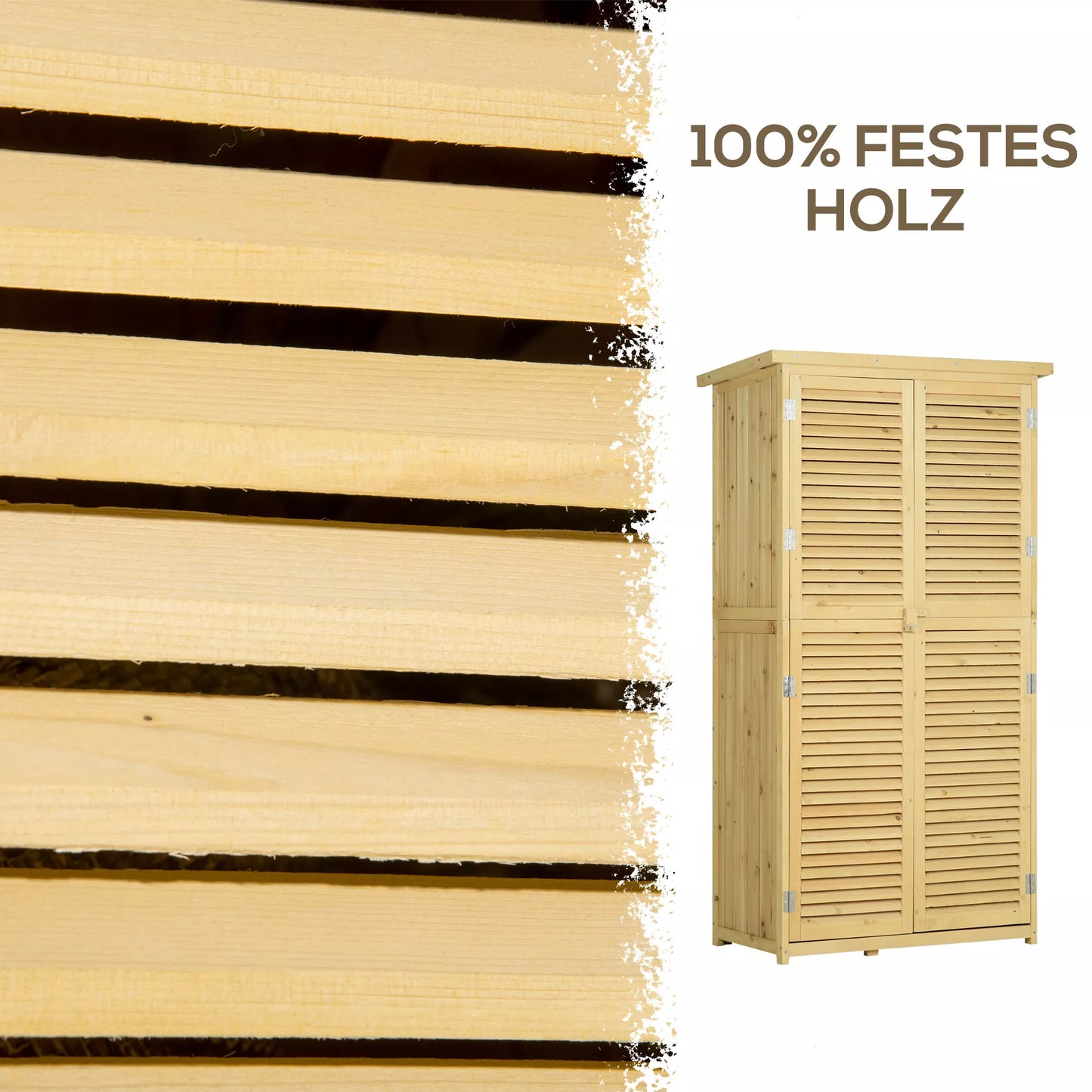 Medinė sodo spinta, įrankių namelis su asfalto stogu, lamelinėmis durimis, 4 skyriai, natūralaus medžio, 87 x 46,5 x 160 cm