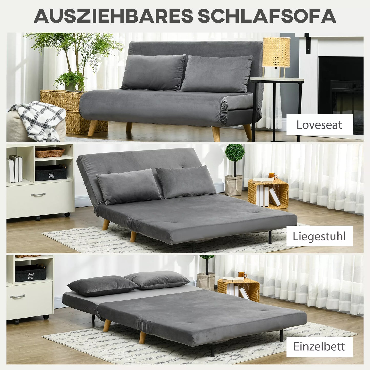 Miegamoji sofa-lova, poilsio sofa, su 2 pagalvėlėmis, aksomo išvaizda, 130 x 78 x 79 cm, pilka
