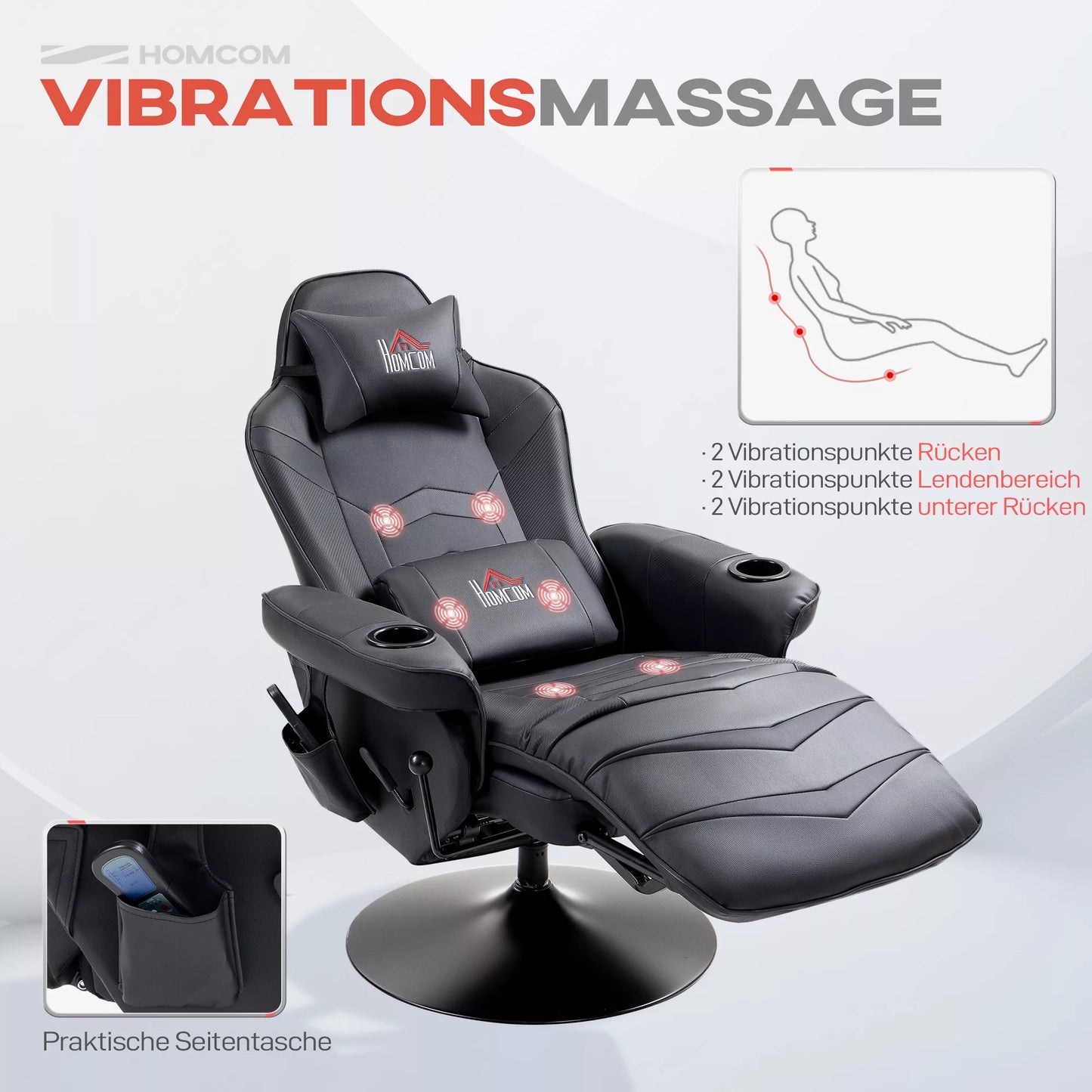 Žaidimų kėdė, masažo funkcija, atlenkiamas atlošas, kojų atrama, iki 120 kg, plieninis rėmas, dirbtinė oda, juoda