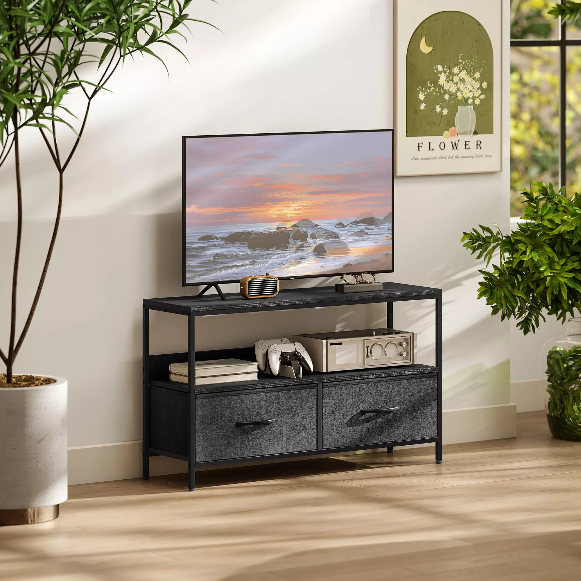 TV staliukas su 2 stalčiais, atviru skyriumi, televizoriams iki 47 colių, 98 x 29 x 56 cm, juoda+tamsiai pilka