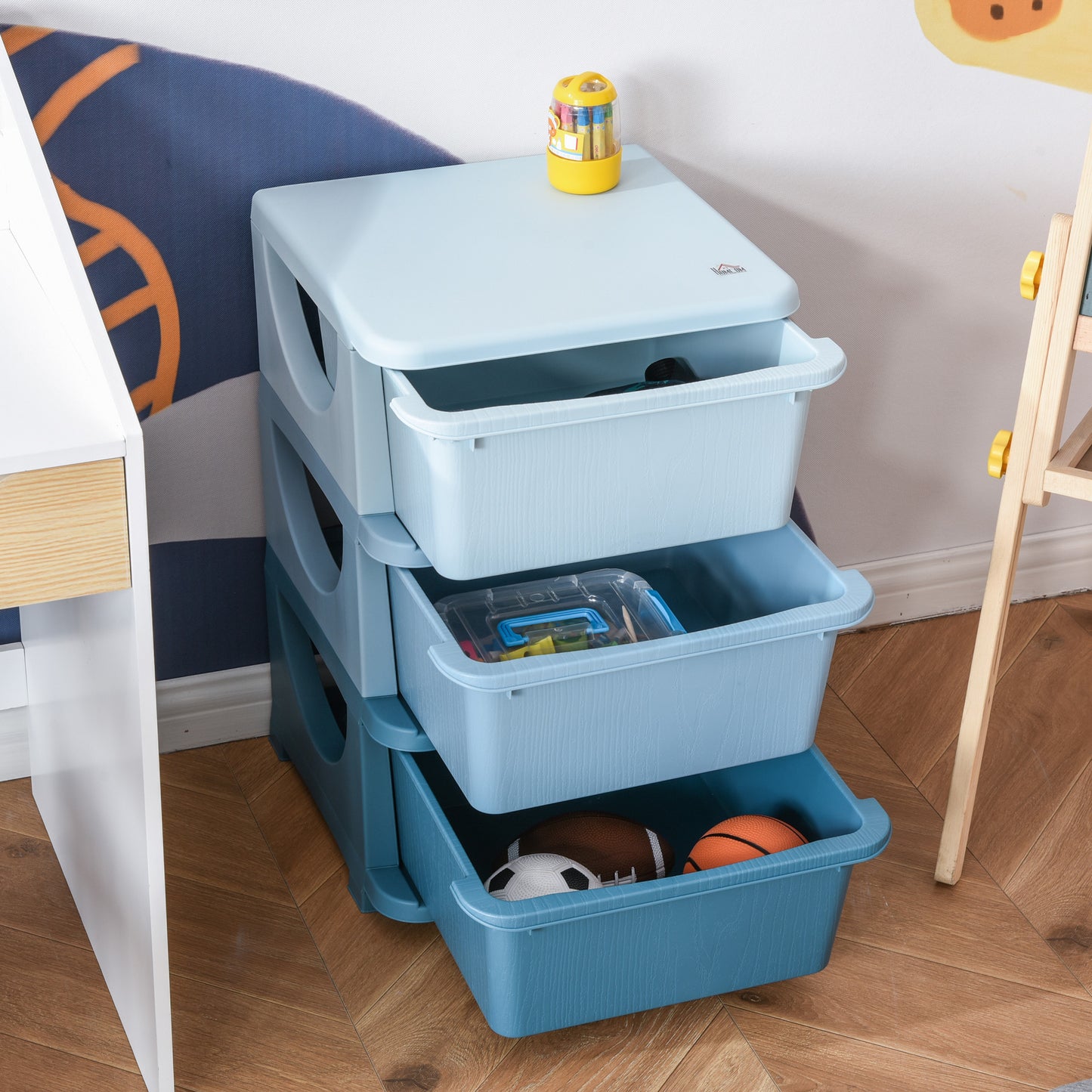 Laikymo dėžės vaikams, 3 stalčiai, suapvalinti kraštai, paaukštintas dizainas, 37x37x56,5 cm, Mėlyna