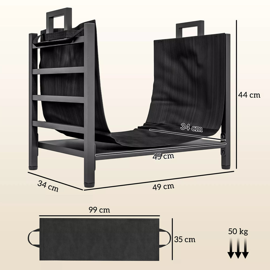 Kompaktiška malkų lentyna, talpa iki 50 kg malkų, su nuimamu transportavimo maišeliu, 49x34x44 cm, juoda