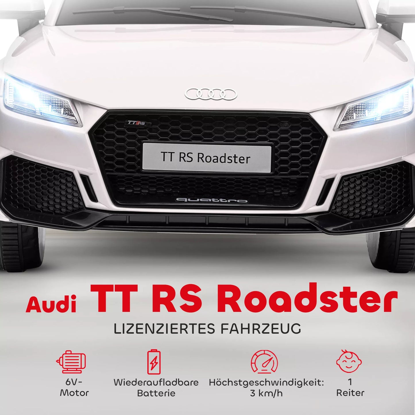 Vaikų elektrinis automobilis, Audi TT RS Roadster, 3 km/h, nuotolinis valdymas, LED, USB, baltas