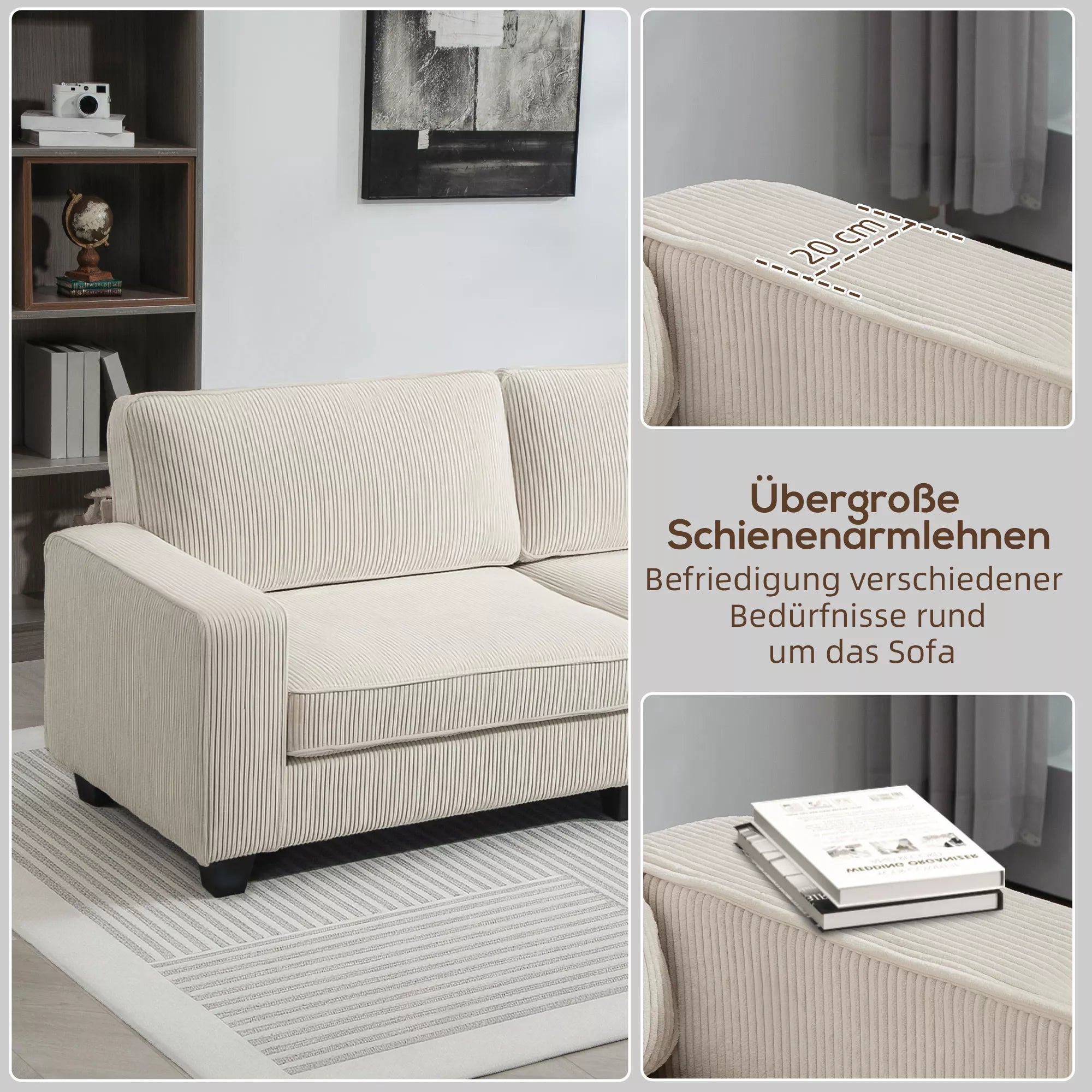 3 vietų sofa su velveto apmušalu, svetainės sofa su spyruokliniu pagrindu, iki 400 kg, 227 x 84 x 87 cm, kreminė balta