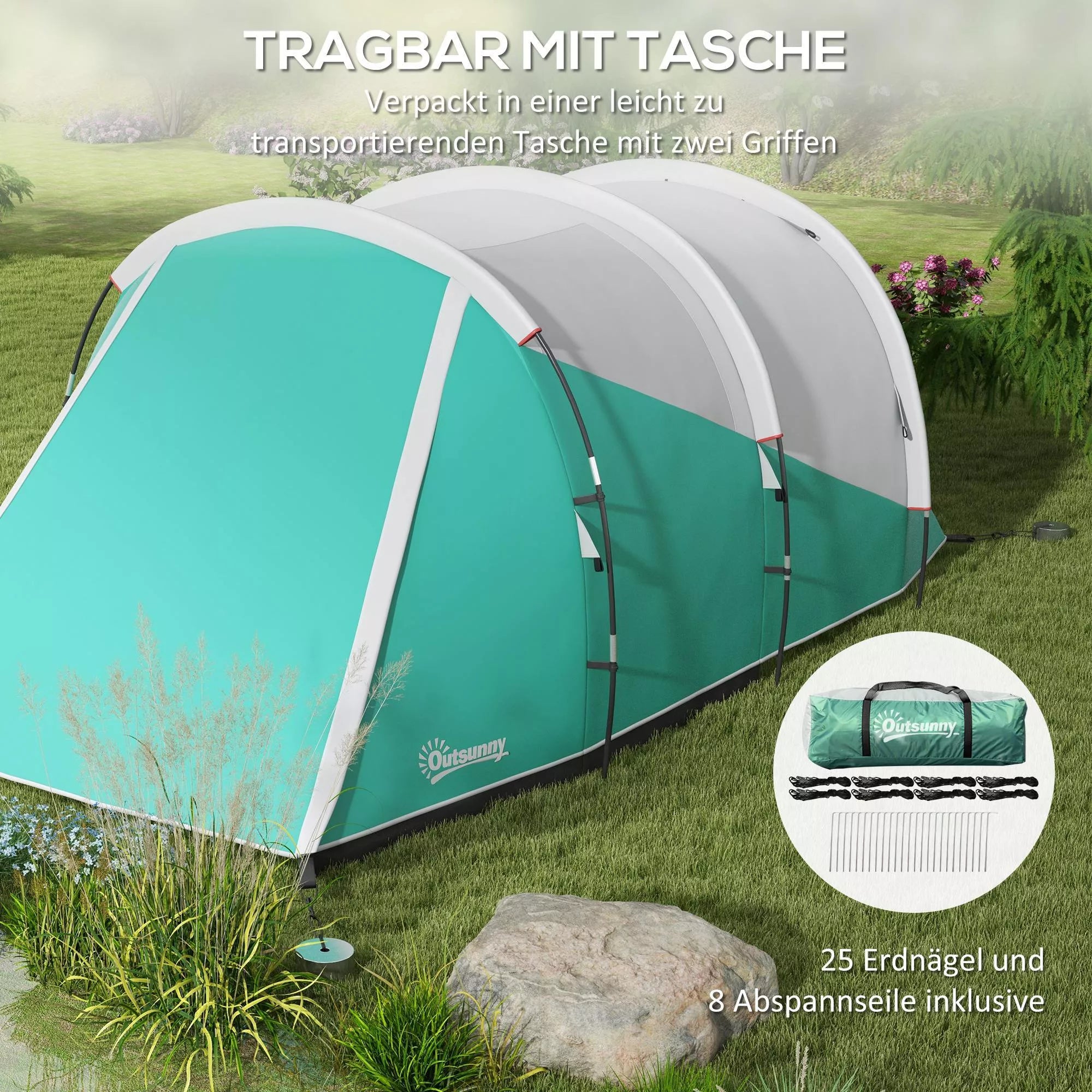 Kempingo palapinė 3 asmenims, atskiri gyvenamieji ir miegamieji kambariai, 460L x 260B x 190H cm, žalia