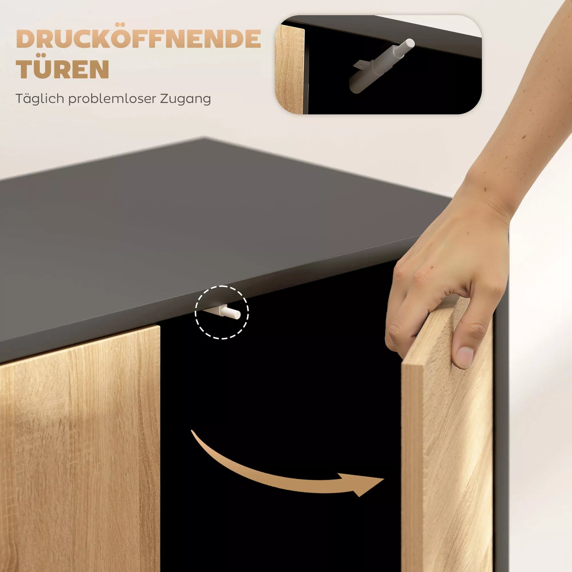 Bufetas su „Push-to-Open“ durelėmis, valgomojo spinta su metalinėmis kojomis, virtuvės spinta, MDF, juoda + natūralus medis