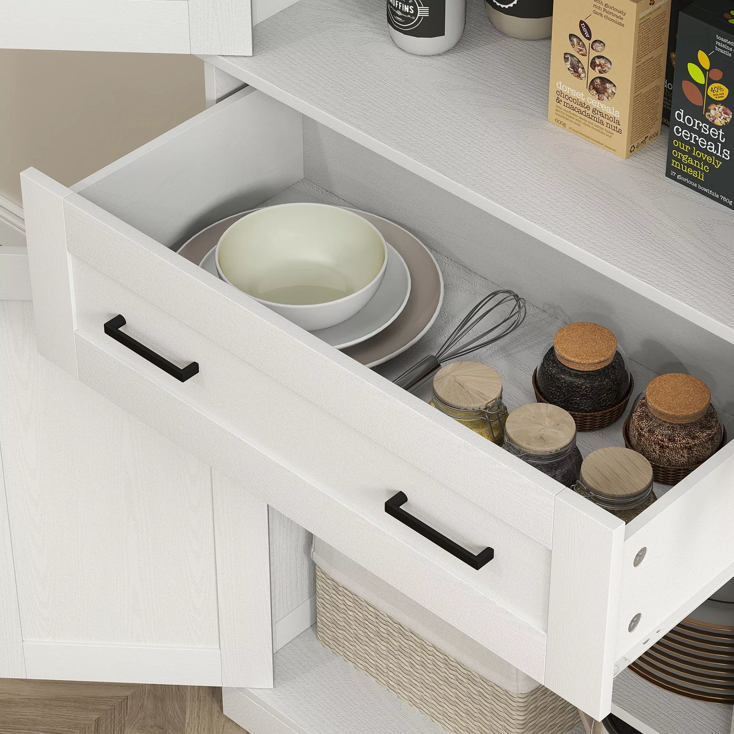 Virtuvinė spintelė, bufetas, akrilo fasadas, stalčiai, 76 x 40 x 182,5 cm, kreminės baltos spalvos