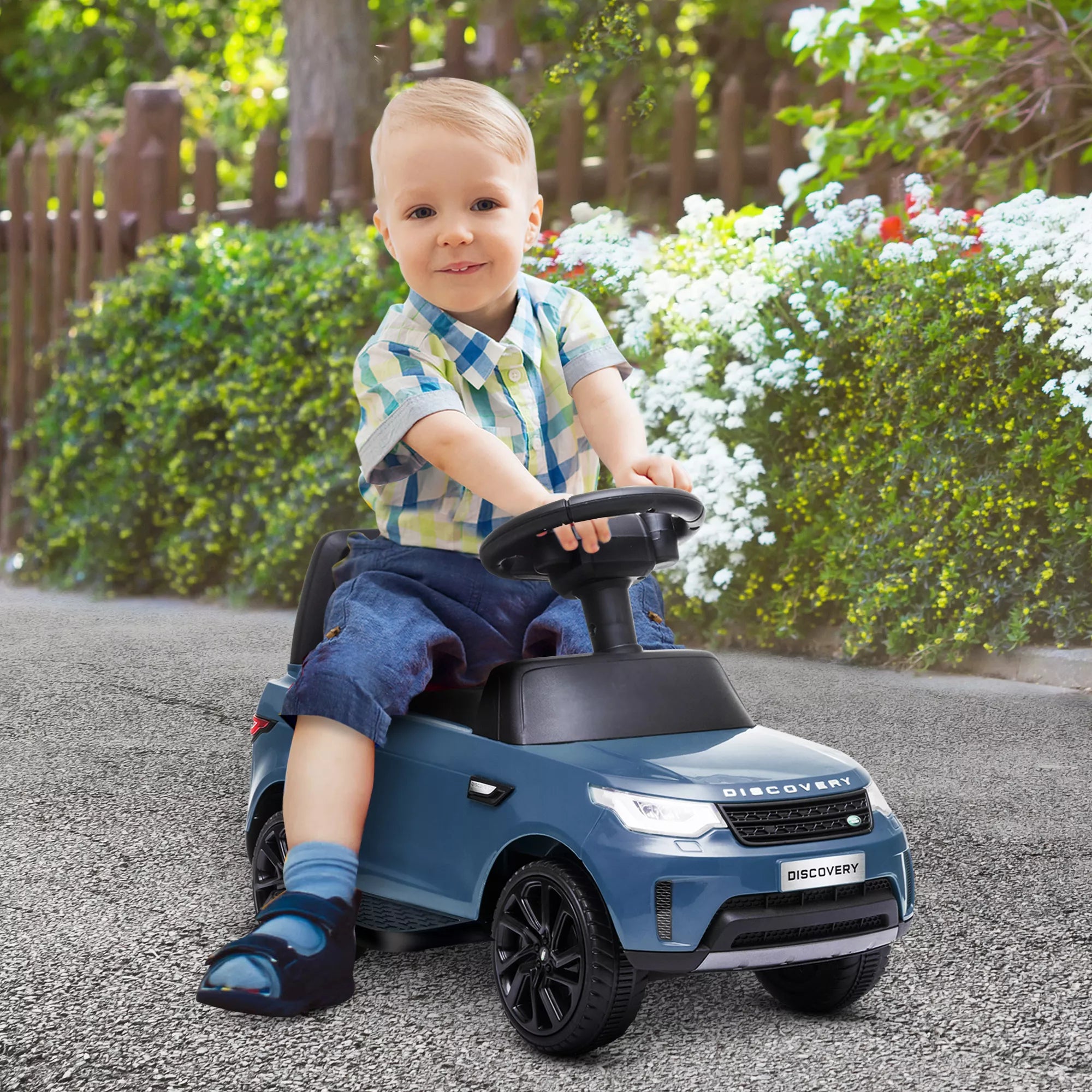 Elektrinis vaikų automobilis 6 V, „Land Rover“, važiavimo/stumimo režimas, žibintai, muzika, šviesiai mėlynos spalvos