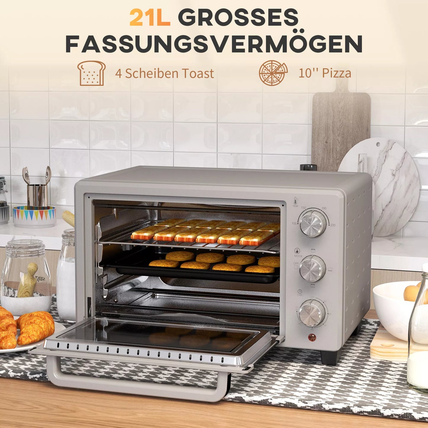 Mini orkaitė, 21 l Tosteris su 1 vieliniu grotelių rėmu ir 1 kepimo skarda, 3 kepimo režimai, 100 °C–230 °C, nerūdijantis plienas, stiklas, sidabras