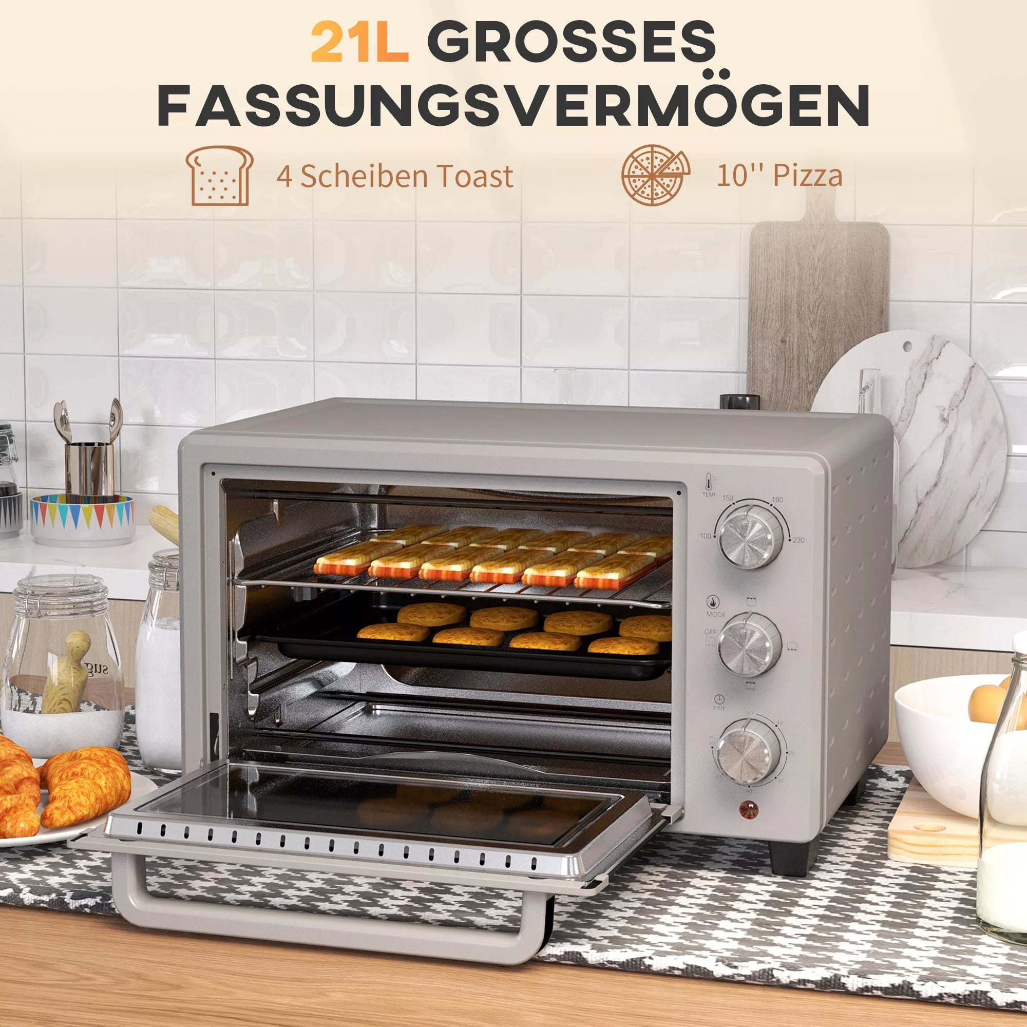 Mini orkaitė, 21 l Tosteris su 1 vieliniu grotelių rėmu ir 1 kepimo skarda, 3 kepimo režimai, 100 °C–230 °C, nerūdijantis plienas, stiklas, sidabras