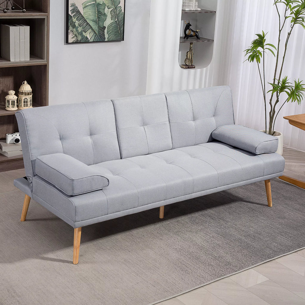 Miegamasis sofos, 3-vietė sofa, miegamasis sofos su atlenkiamu stalu, puodelių laikiklis, lino išvaizdos miegamasis sofos, svetainės svečių sofa, šviesiai pilkos spalvos