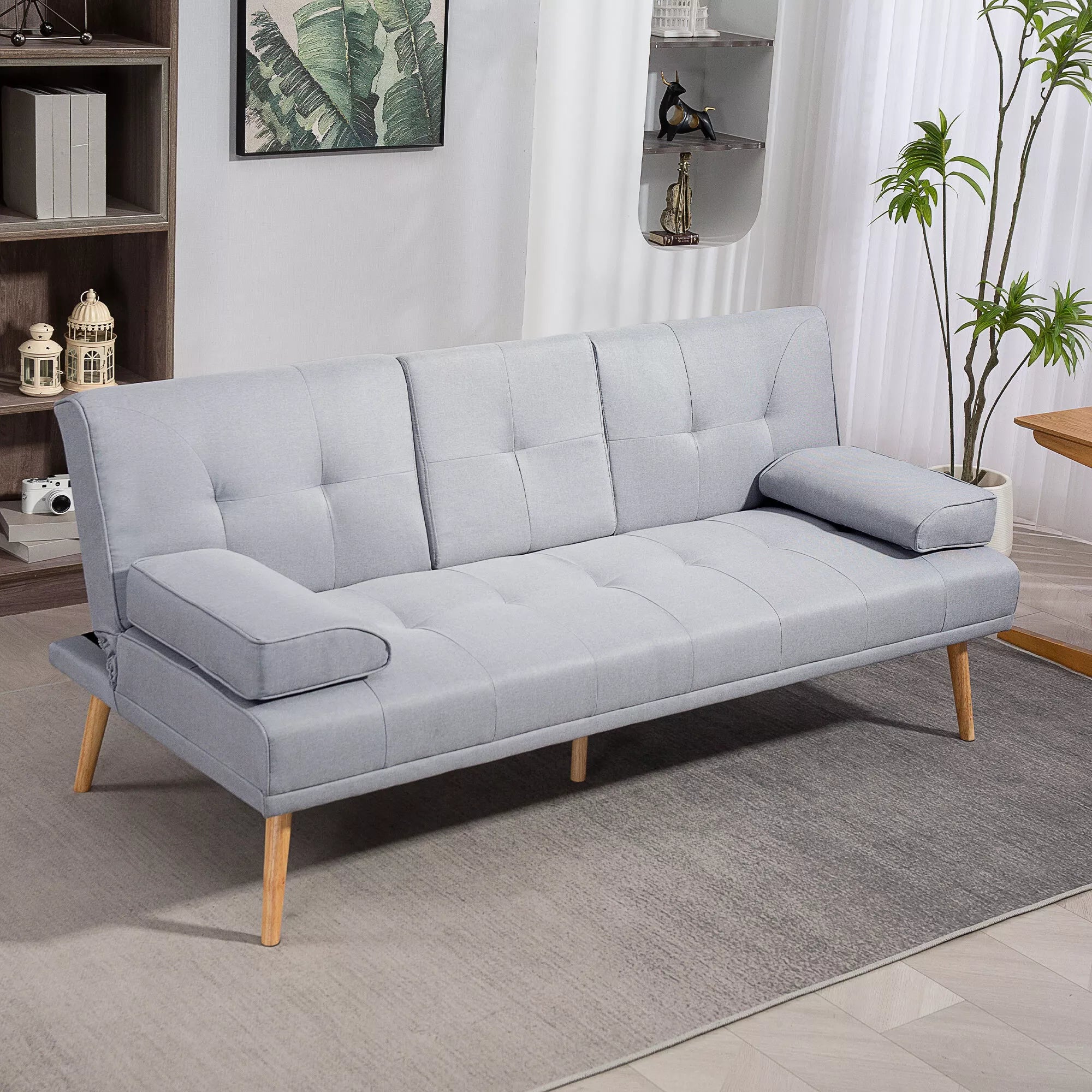 Miegamasis sofos, 3-vietė sofa, miegamasis sofos su atlenkiamu stalu, puodelių laikiklis, lino išvaizdos miegamasis sofos, svetainės svečių sofa, šviesiai pilkos spalvos