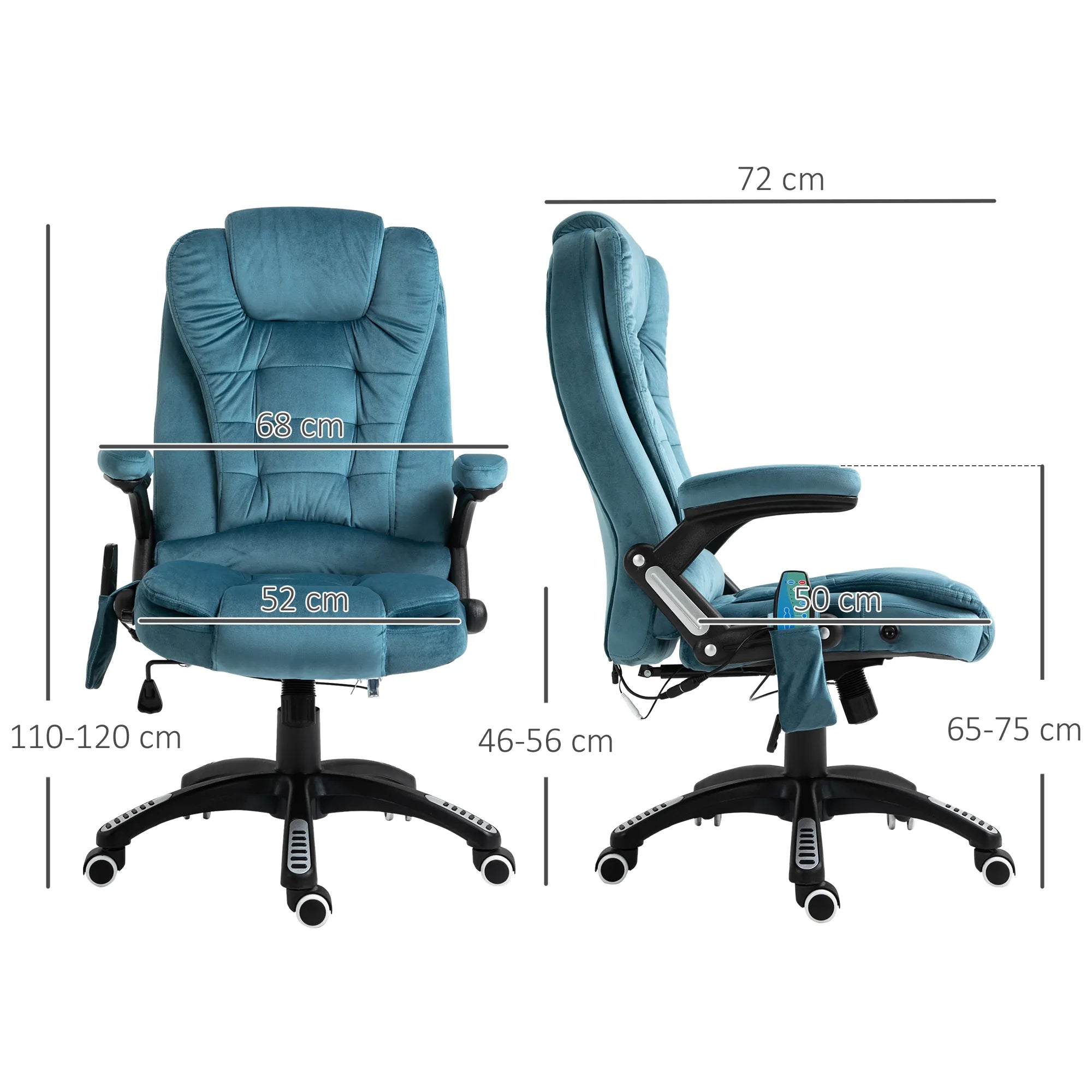 Biuro kėdė, masažinė, su šildymo funkcija, vadybininko kėdė su masažu, aukščio reguliavimo ergonomiška žaidimų kėdė, mėlyna, 68 x 72 x 110–120 cm