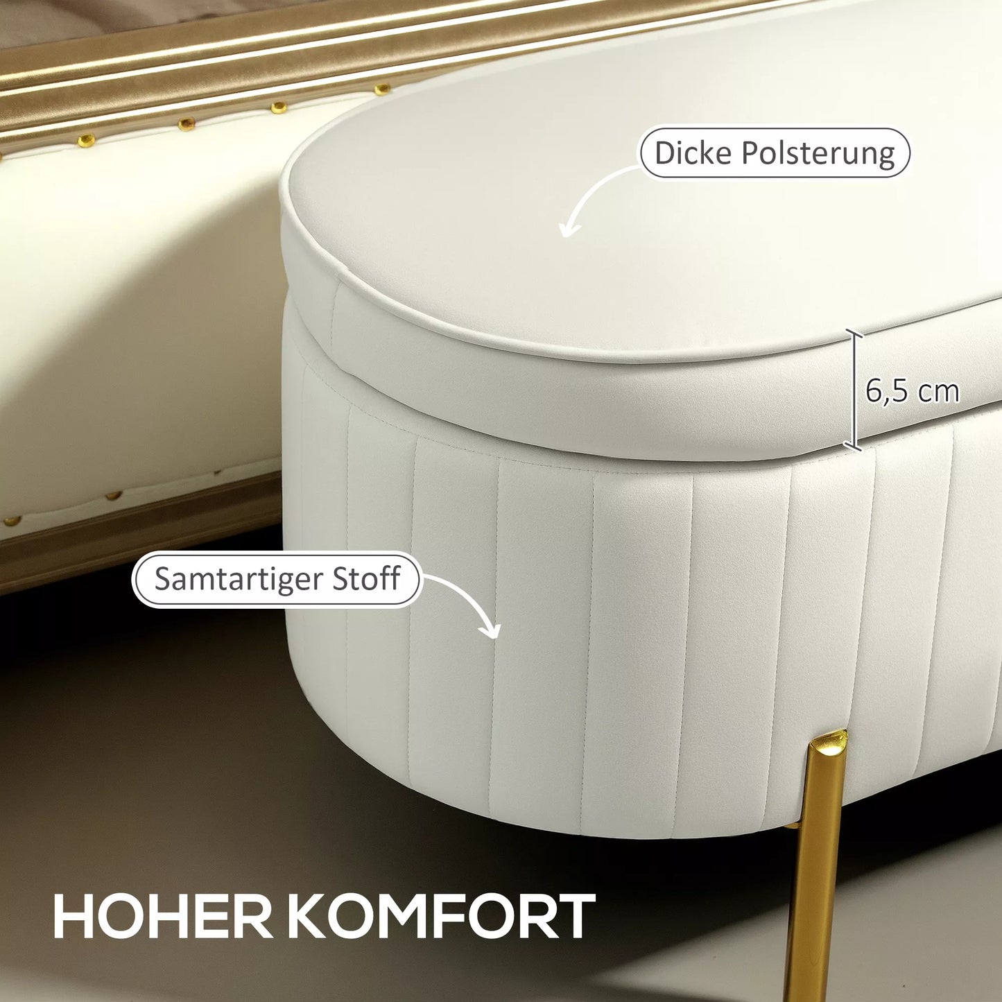 Suolas su atlenkiamu dangčiu ir daiktadėže, audinio apmušalas, metalas, kreminė balta + auksinė