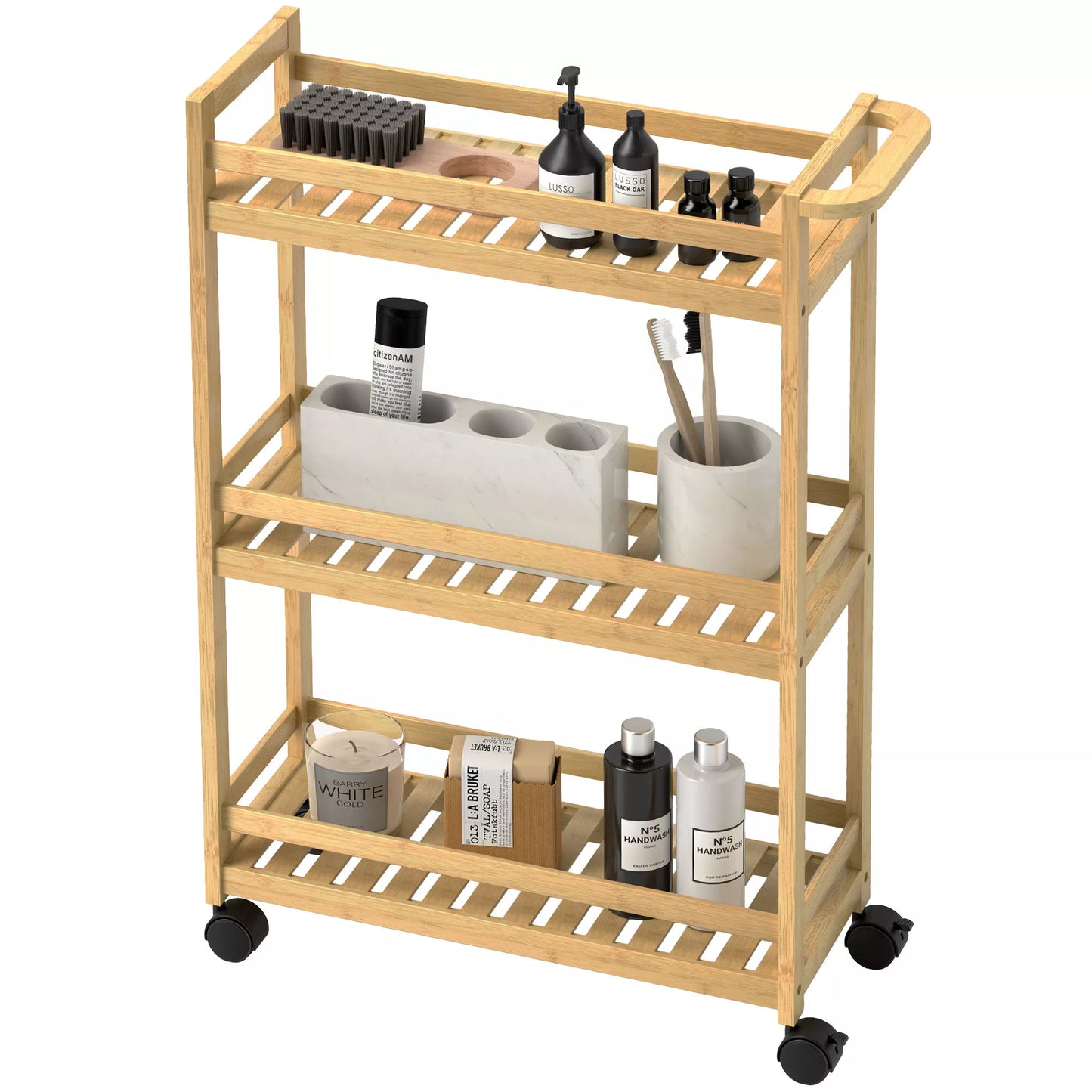 Serviravimo vežimėlis, 3 aukštai, grotelės, apsauga nuo iškritimo, bambukas, 55 x 20 x 75 cm