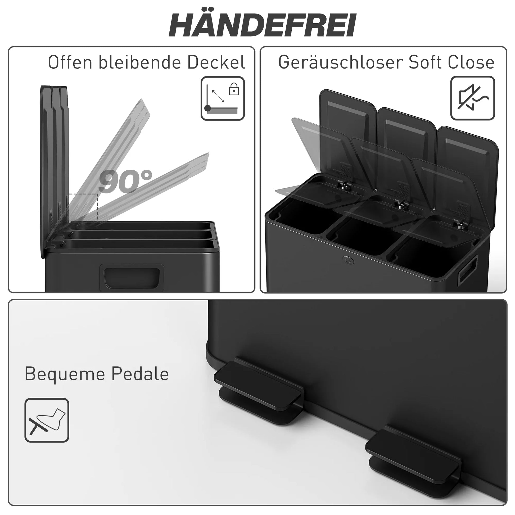 Šiukšliadėžė su 3 x 20 L skyriais, su dezodoravimo funkcija, atsparus pirštų atspaudams, su švelniu uždarymu, su išimamais skyriais, juoda