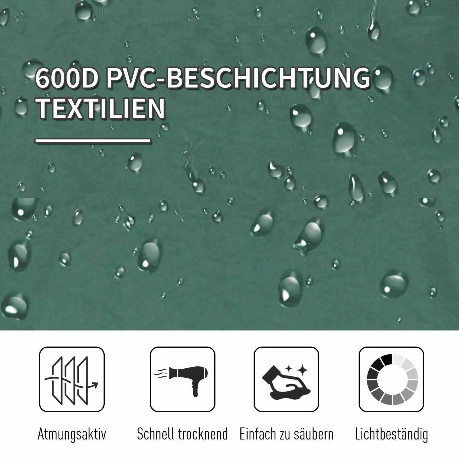 Žalios kempingo lovos audinys su vandens lašais, 600D PVC danga