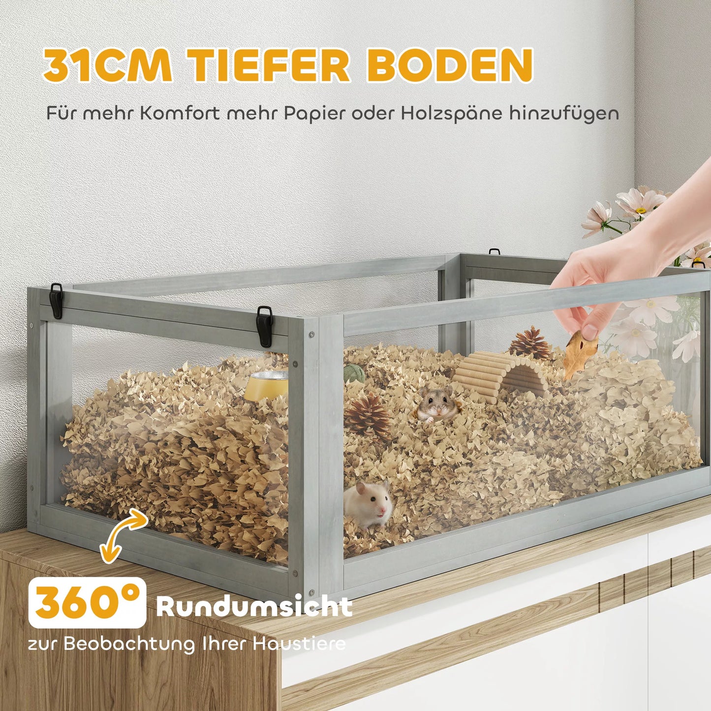 Medinų namelis žiurkėnams, 3 aukštų su didele dugnine, nuimamais lygiais, smulkiems gyvūnėliams, 80x50x76cm, šviesiai pilkas