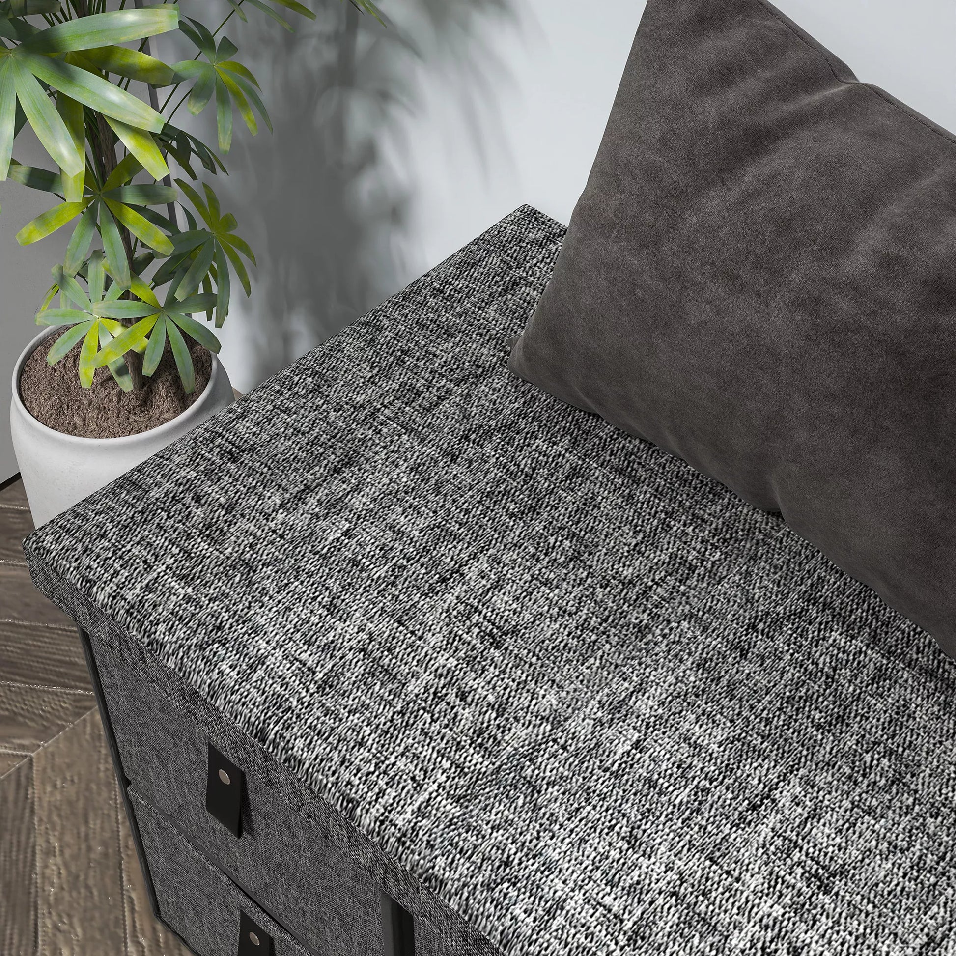 Paminkštinta batų suoliukų spintelė, 6 skyriai avalynei, MDF rėmas, lininės išvaizdos, pilka