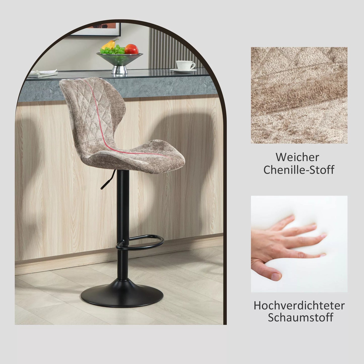 HOMCOM Baro kėdės, 2 vnt. komplektas, reguliuojamo aukščio virtuvinės baro kėdės su atlošu, dujiniu pakėlimu, atrama kojoms, sukamos, rudos