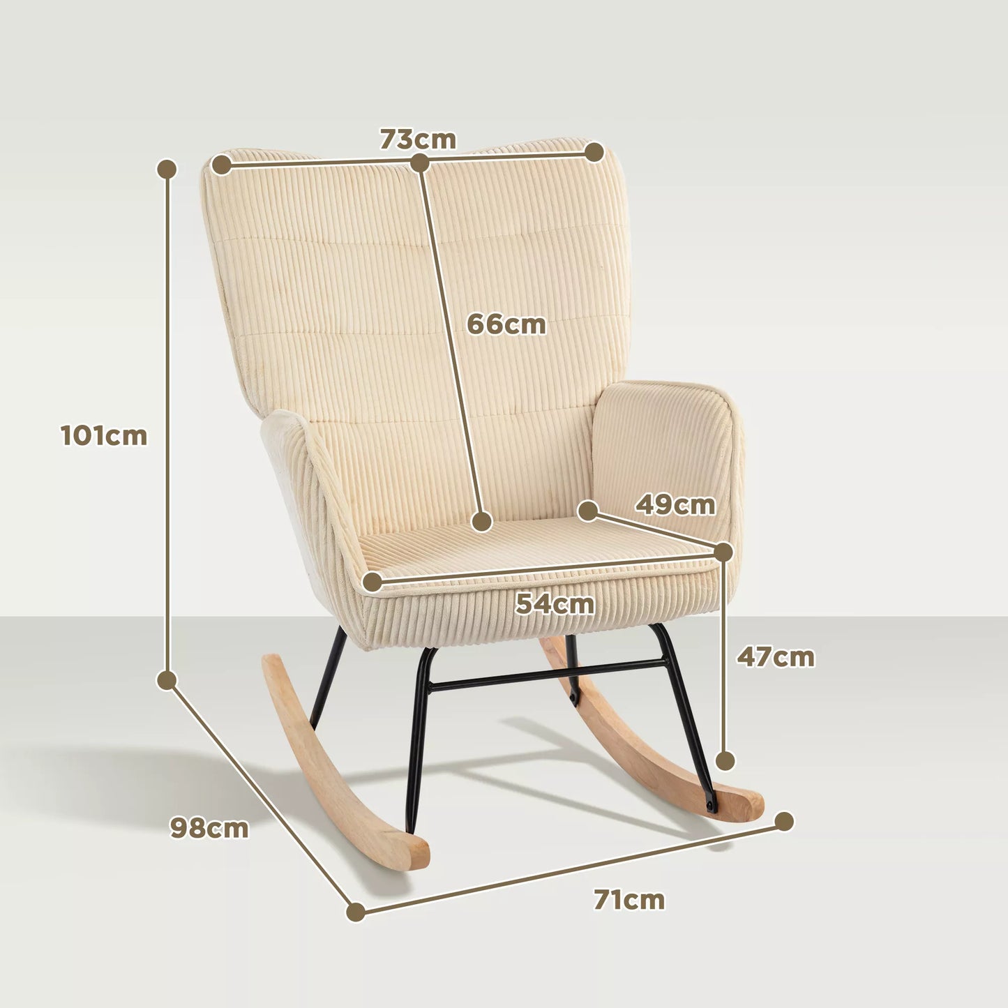 Vintage supamasis krėslas, išlenkti slidės, storas paminkštinimas, bukmedis ir plienas, smėlio spalvos