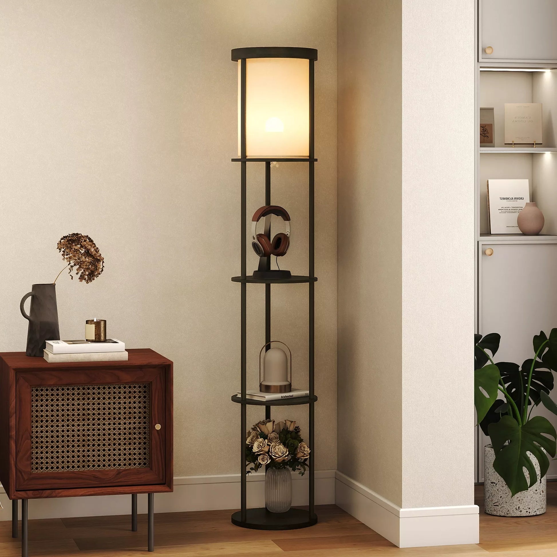 Stovas su 3 lentynomis, apvalus dizainas, nuotolinio valdymo pultas, pėdos jungiklis, reguliuojamas šviesos šilumas, skirtas svetainei, juodos spalvos