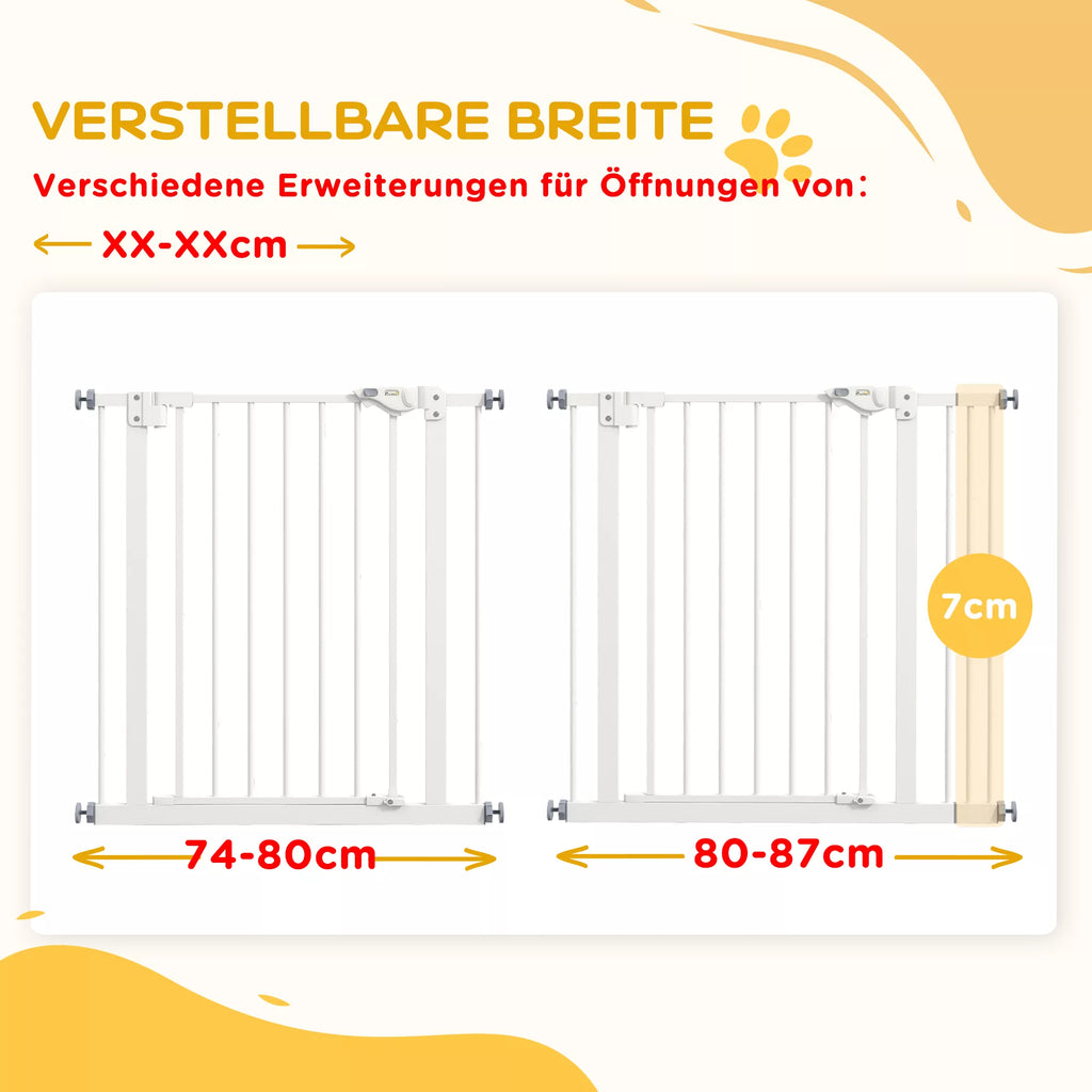Durų apsauginės grotelės šunims, užtvaros, apsauginės grotelės naminiams gyvūnams, metalas, plastikas, 74–87 cm, baltos spalvos