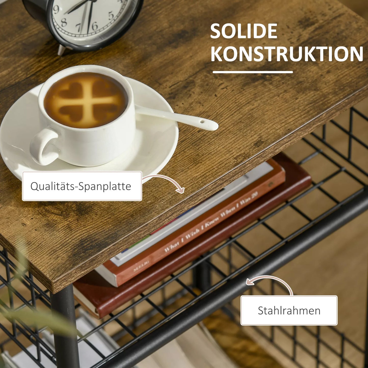 Virtuvės vežimėlis industriniame dizaine, 1 lentyna, 1 laikymo krepšys, 4 ratai, 40 cm x 30 cm x 62 cm, plienas, juoda + ruda