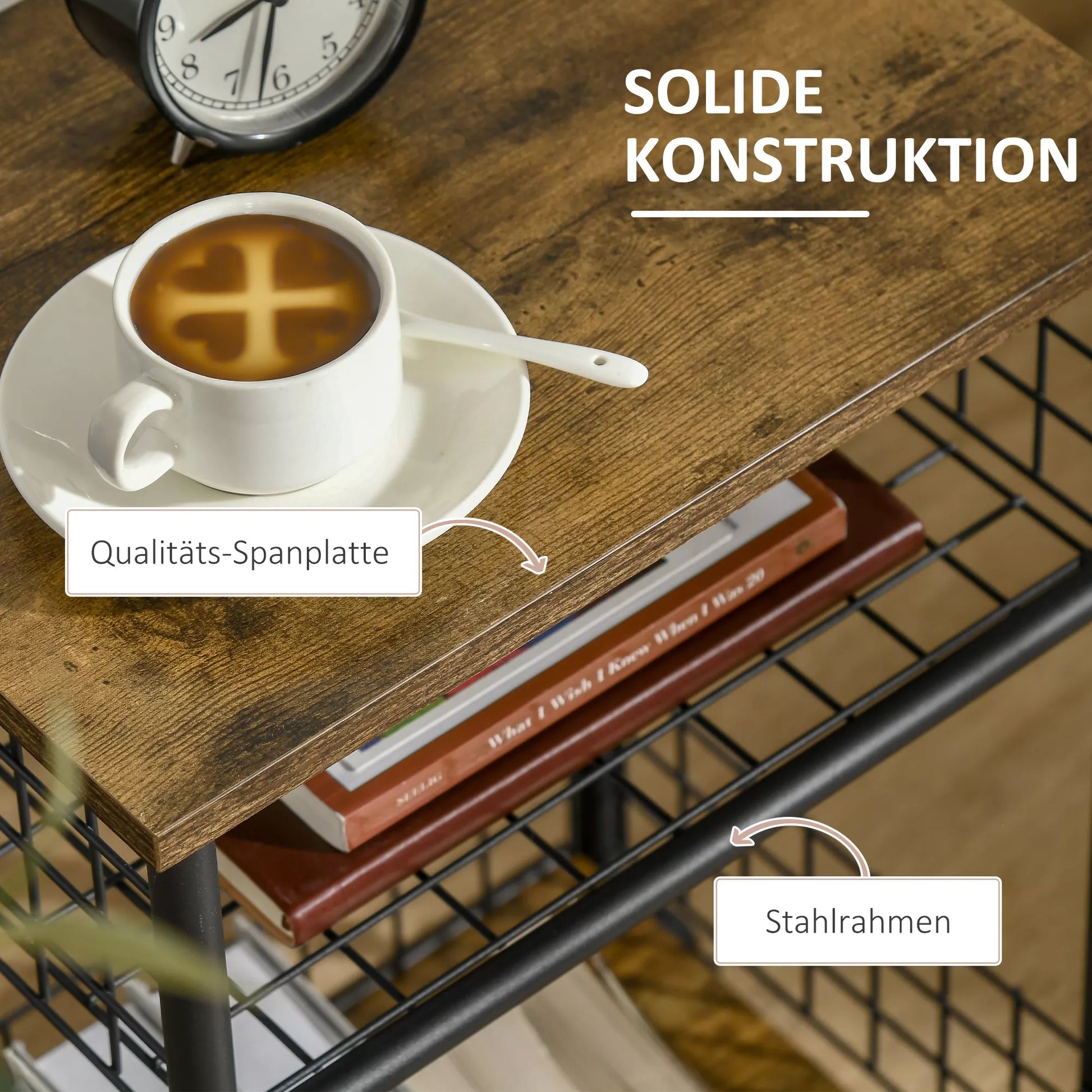 Virtuvės vežimėlis industriniame dizaine, 1 lentyna, 1 laikymo krepšys, 4 ratai, 40 cm x 30 cm x 62 cm, plienas, juoda + ruda