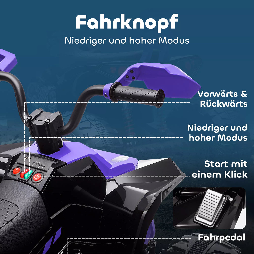 Vaikiškas elektrinis keturratis 24V, dvivietis, iki 50 kg, 3–8 metų vaikams, violetinis 6,5 km/h