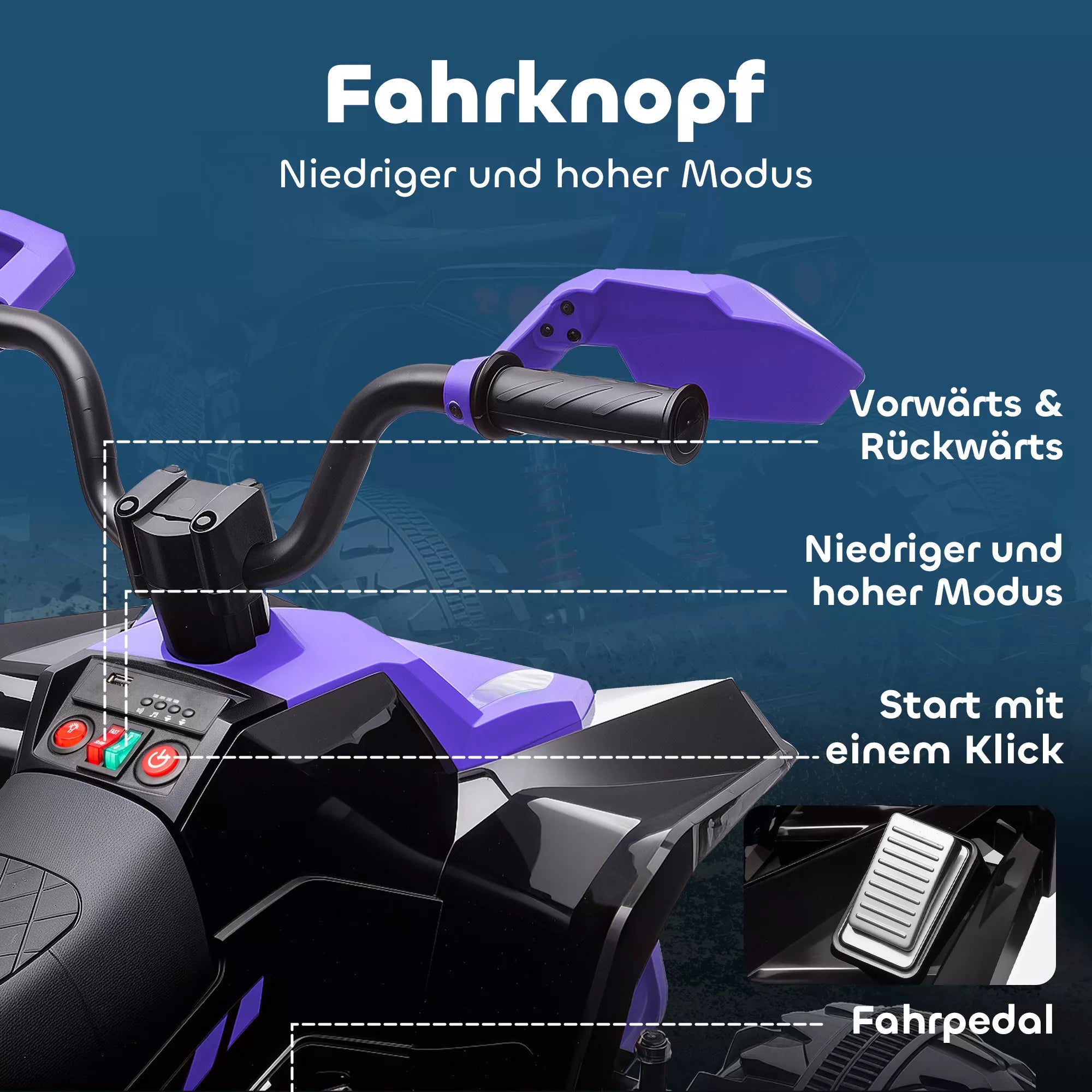 Vaikiškas elektrinis keturratis 24V, dvivietis, iki 50 kg, 3–8 metų vaikams, violetinis 6,5 km/h