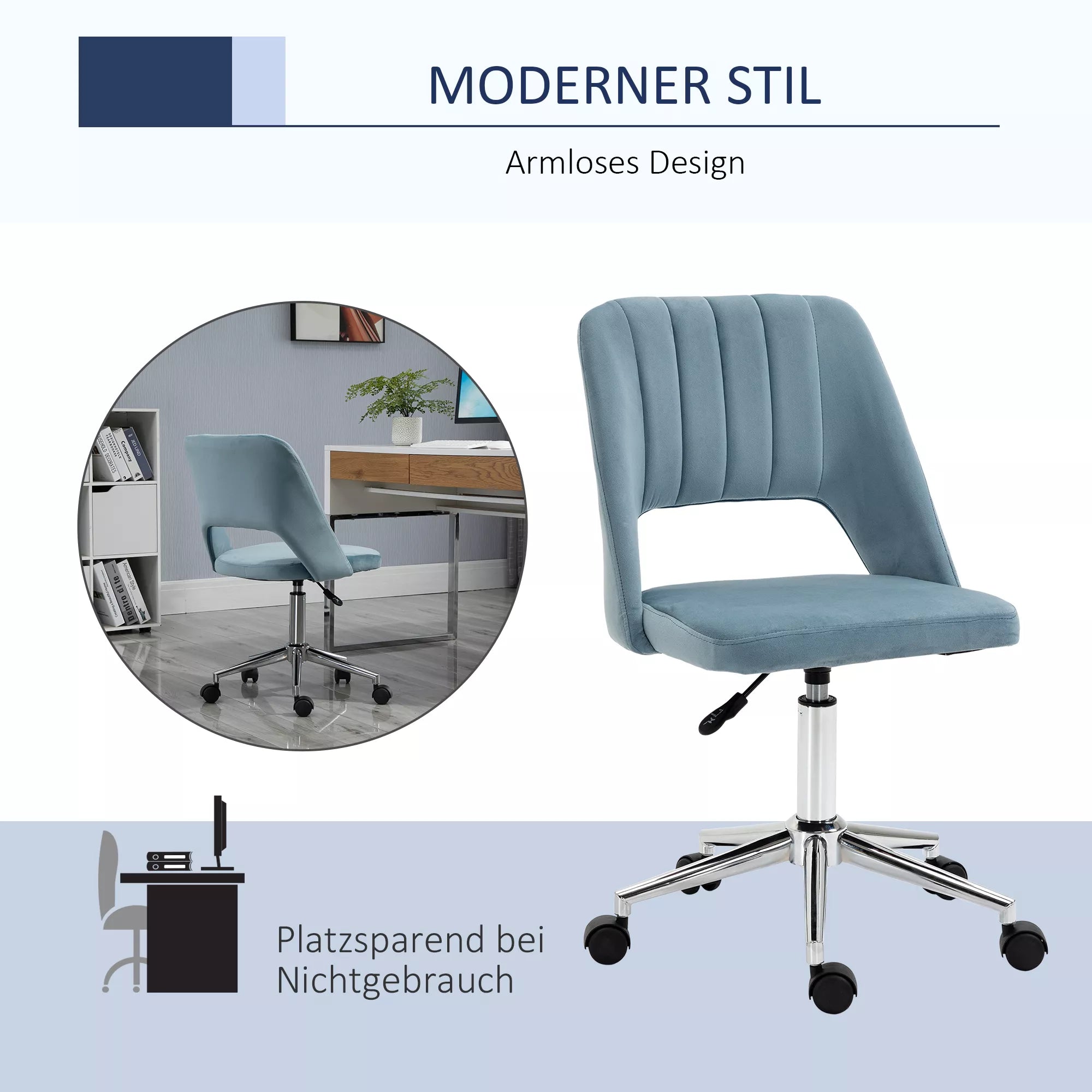 Rašomojo stalo kėdė, reguliuojamo aukščio, namų biuro kėdė be porankių, sukiojama biuro kėdė su aksomo apdaila, ergonomiška makiažo kėdė miegamajam, darbo kambariui, mėlyna