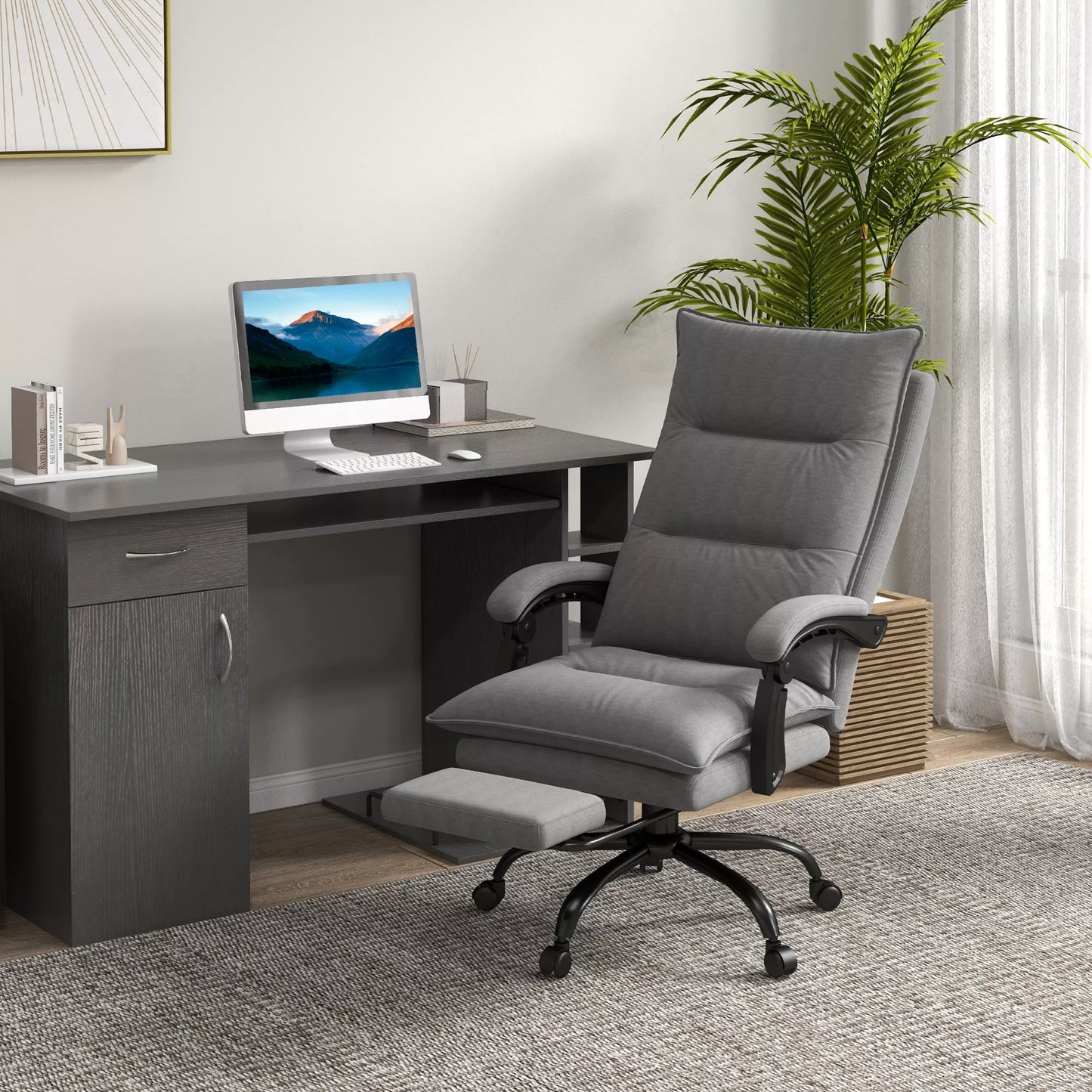 Biuro kėdė su masažo funkcija, šildymo funkcija, distanciniu pulteliu, ištraukiama kojų atrama, reguliuojamu atlošu, pilka