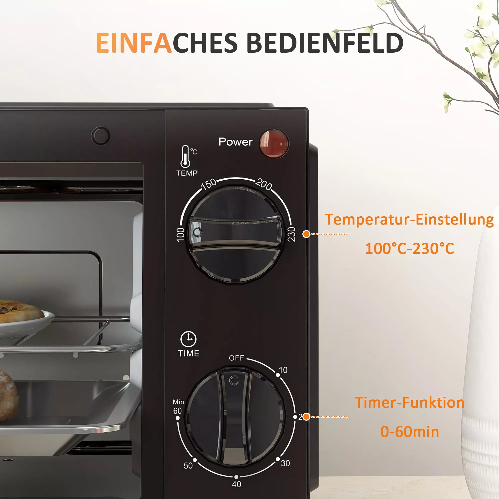 Elektrinė mini orkaitė 9 l su temperatūros ir laiko reguliavimu, juoda