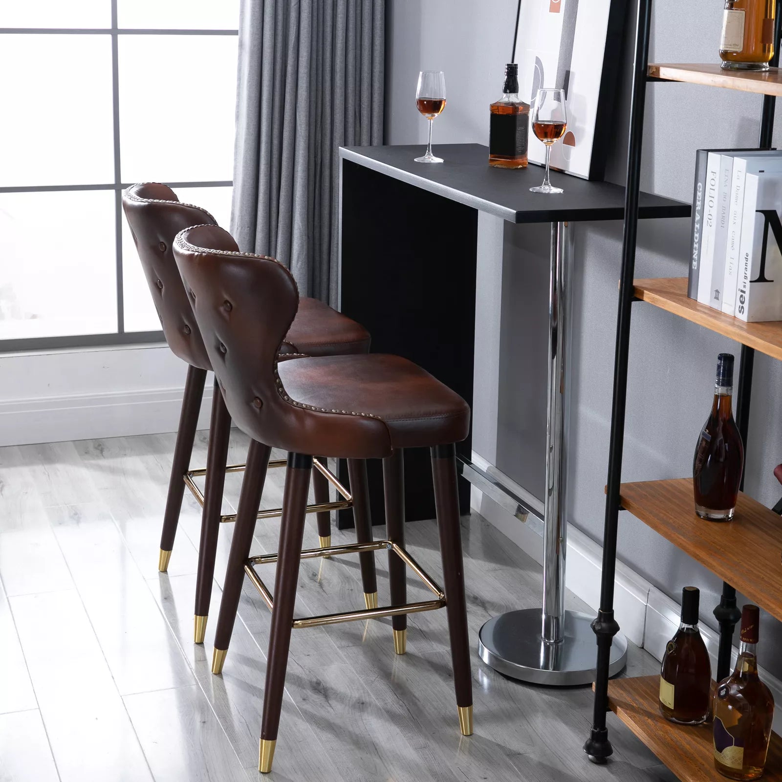 2 vnt. baro kėdžių su atlošamuoju atlošu, baro kėdės su atlošu, bistro kėdės, valgomojo kėdės, baro kėdės, dirbtinė oda, rudos spalvos, 52 x 53 x 101 cm