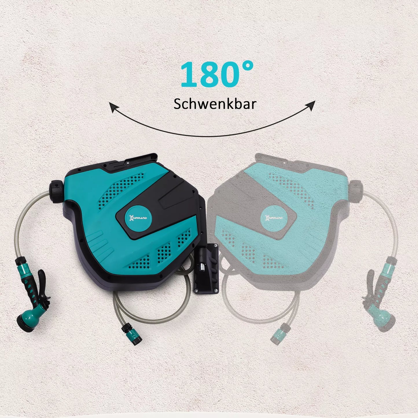 Sieninis žarnų laikiklis, ritininis, 180° pasukamas su daugiafunkce galvute, apsauga nuo šalčio -5–45 °C, plastikas, žalias + juodas, 15 m