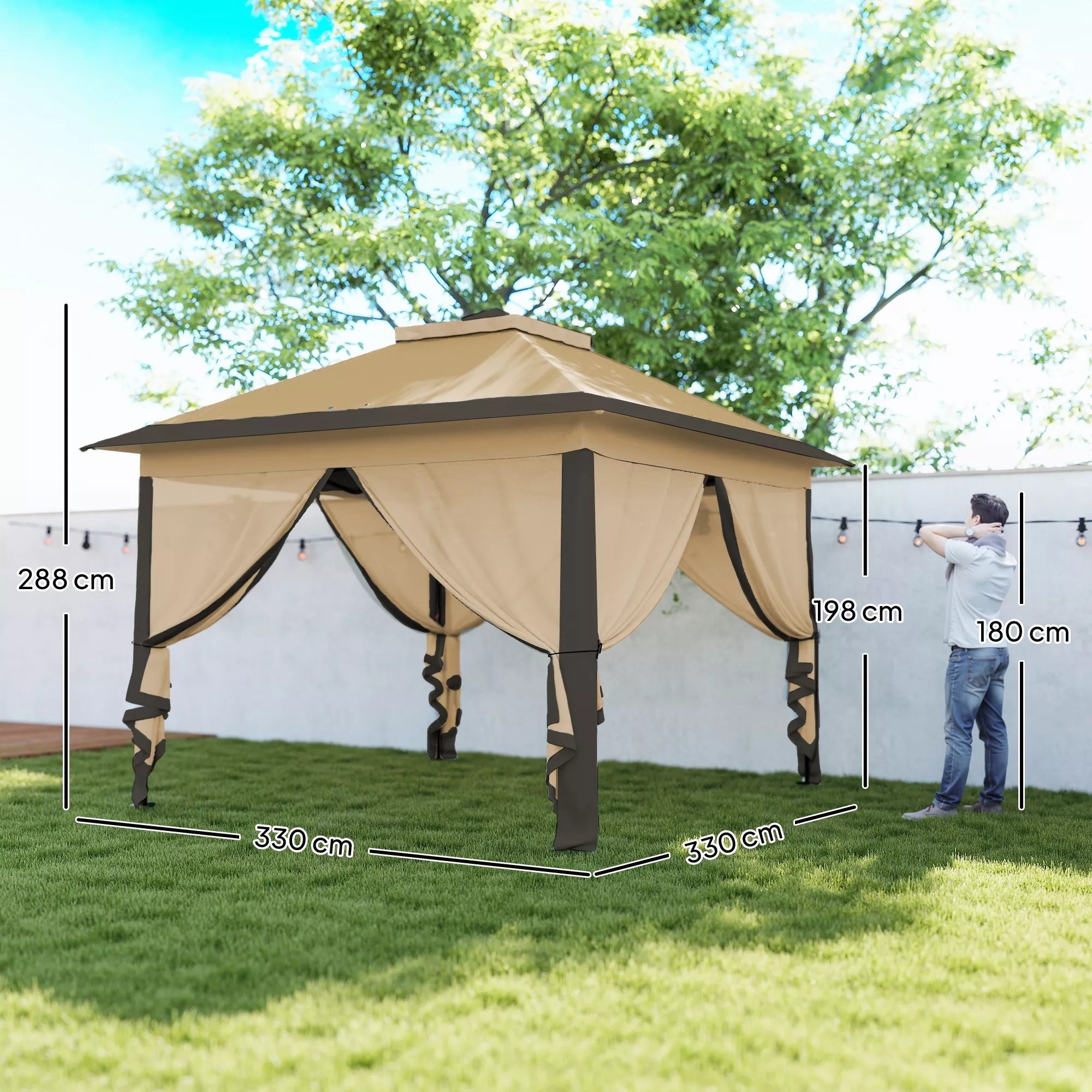 Sulankstomas paviljonas, sodo paviljonas, metalas ir audinys, tinklinės užuolaidos, drenažo angos, 330L x 330B x 288H cm, smėlio spalvos