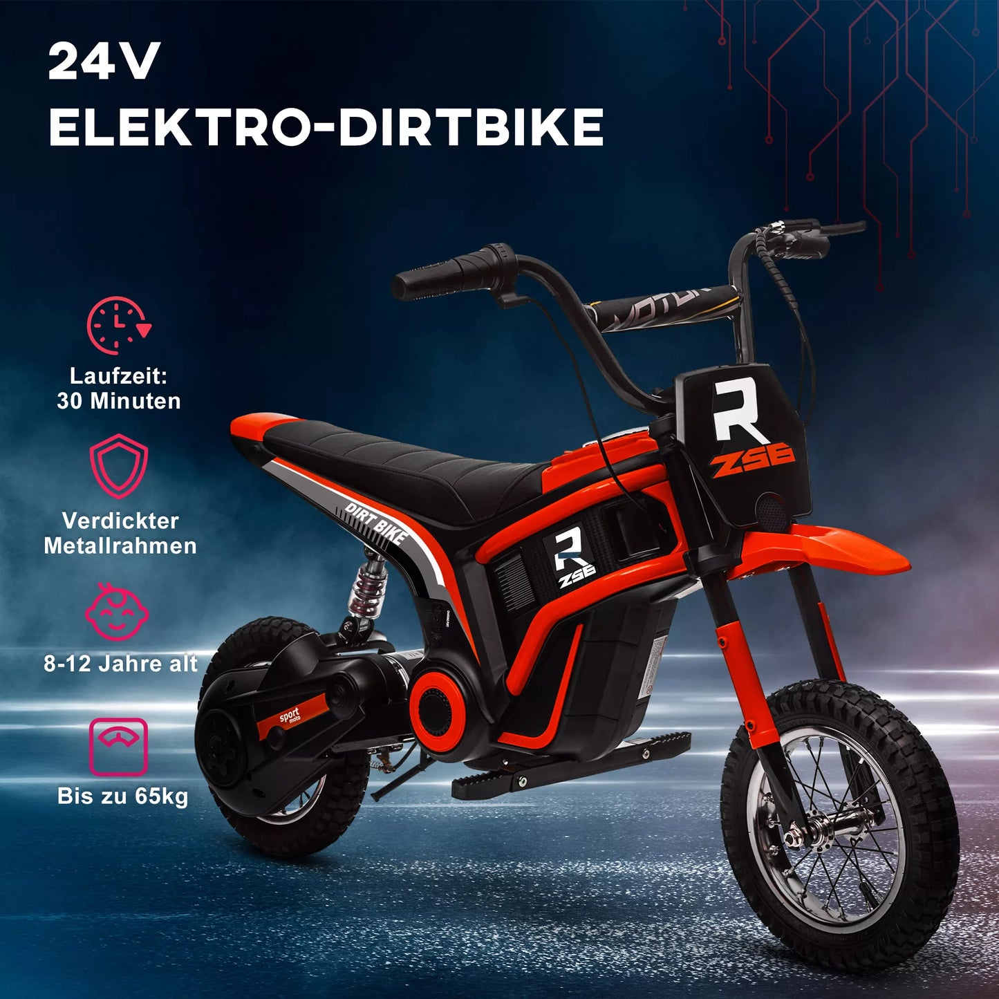 Elektrinis motociklas vaikams, 24V vaikiškas motociklas su garsiniu signalu, šviesos funkcija, su sukamąja droselio rankena, 8-16 km/h, 8-12 metų, Raudonas