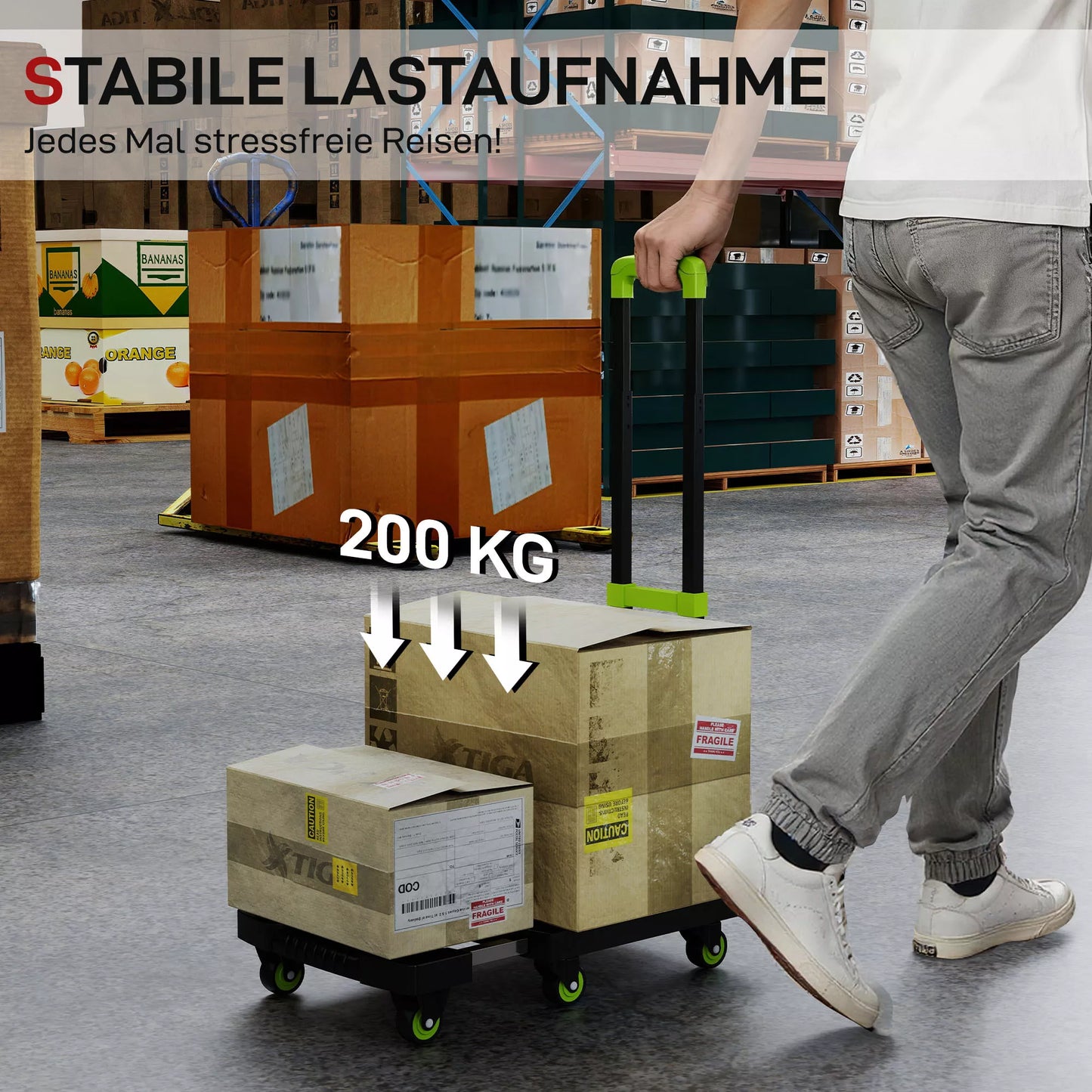 Sulankstomas metalinis transportavimo vežimėlis su ratukais ir reguliuojama rankena, 49 x 35 x 102 cm, žalias