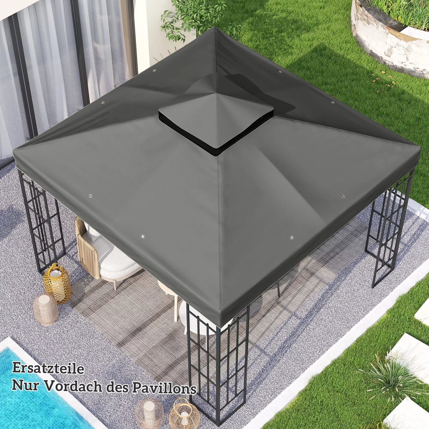 3 x 3 m atsarginis stogas paviljonui, atsarginis paviljono tentas su vandens nutekėjimo angomis, UPF30+, apsauga nuo saulės, tamsiai pilkos spalvos