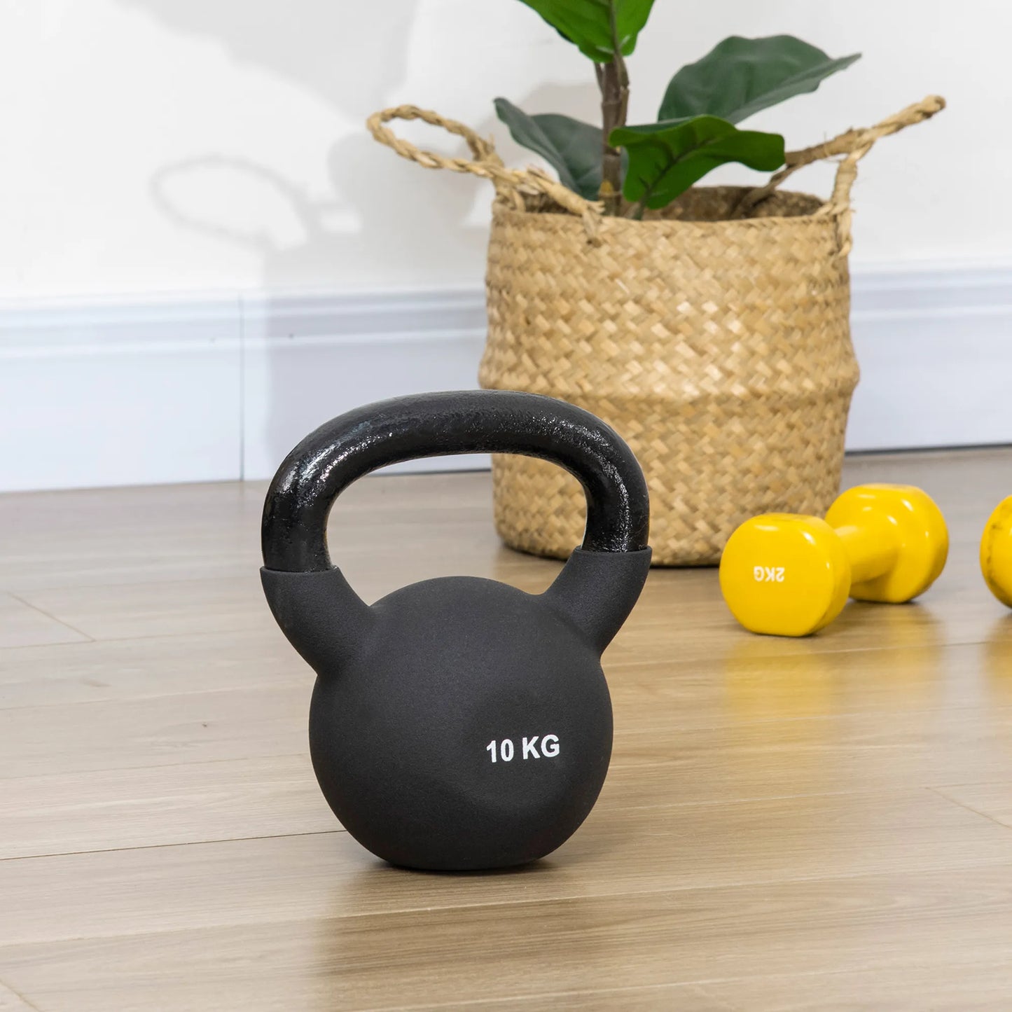 Svarstis (Kettlebell), 10 kg, su plastiko danga, plienas, juodas, 19 x 12 x 22 cm