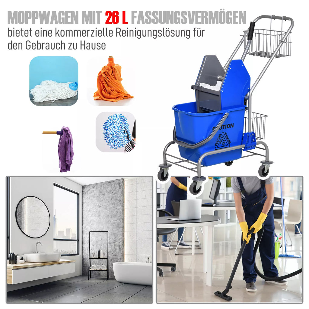 Valymo kibiras, šluotos kibiras, su ratukais, plastikinis, metalinis rankenas, mėlynas